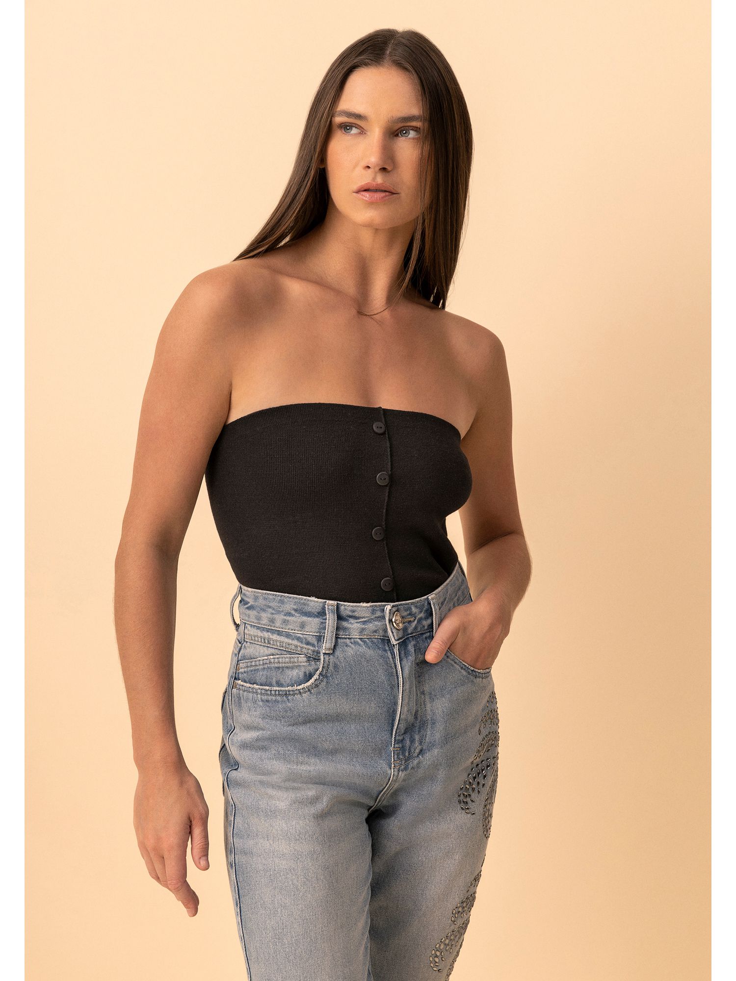 Blusa Lez a Lez Sem Alças Com Decote Reto Preto 