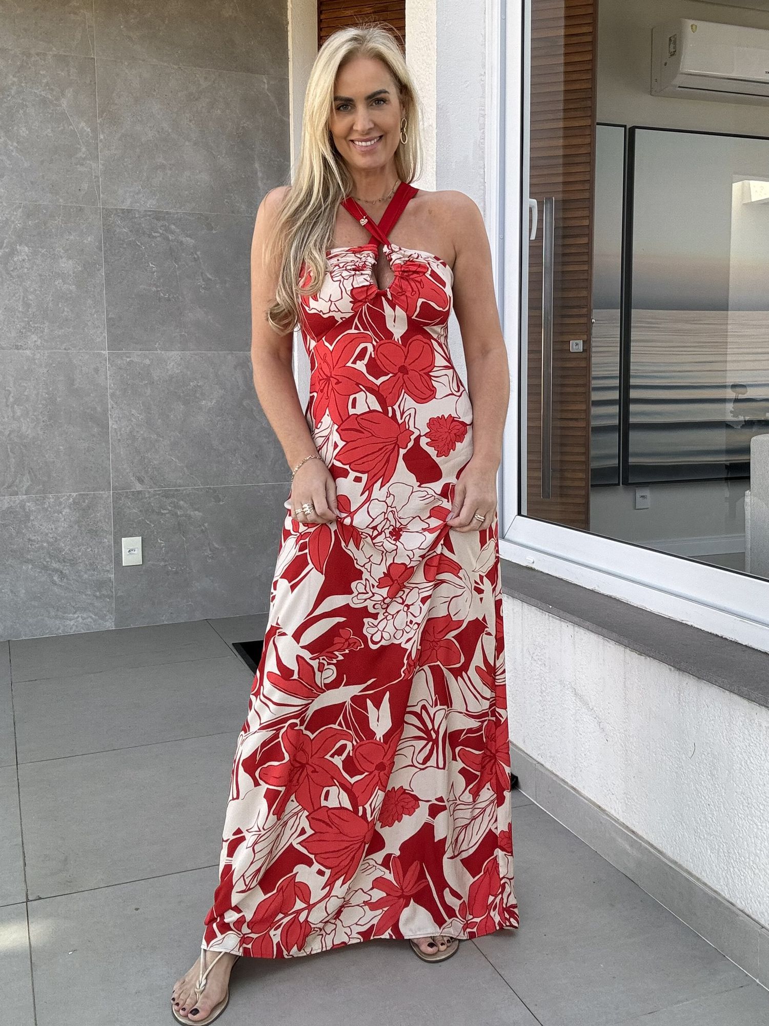 Vestido Longo em Viscose Estampado Cross Neck