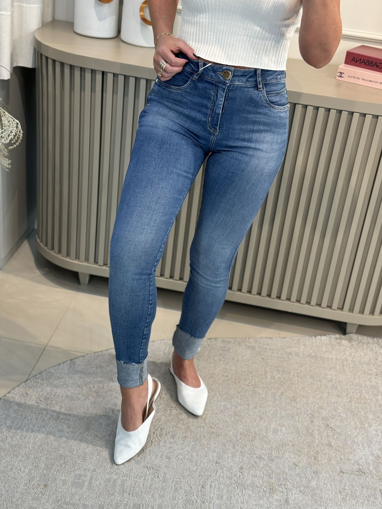 Calca Morena Rosa Skinny Andreia Cós Intermediário Básica Jeans