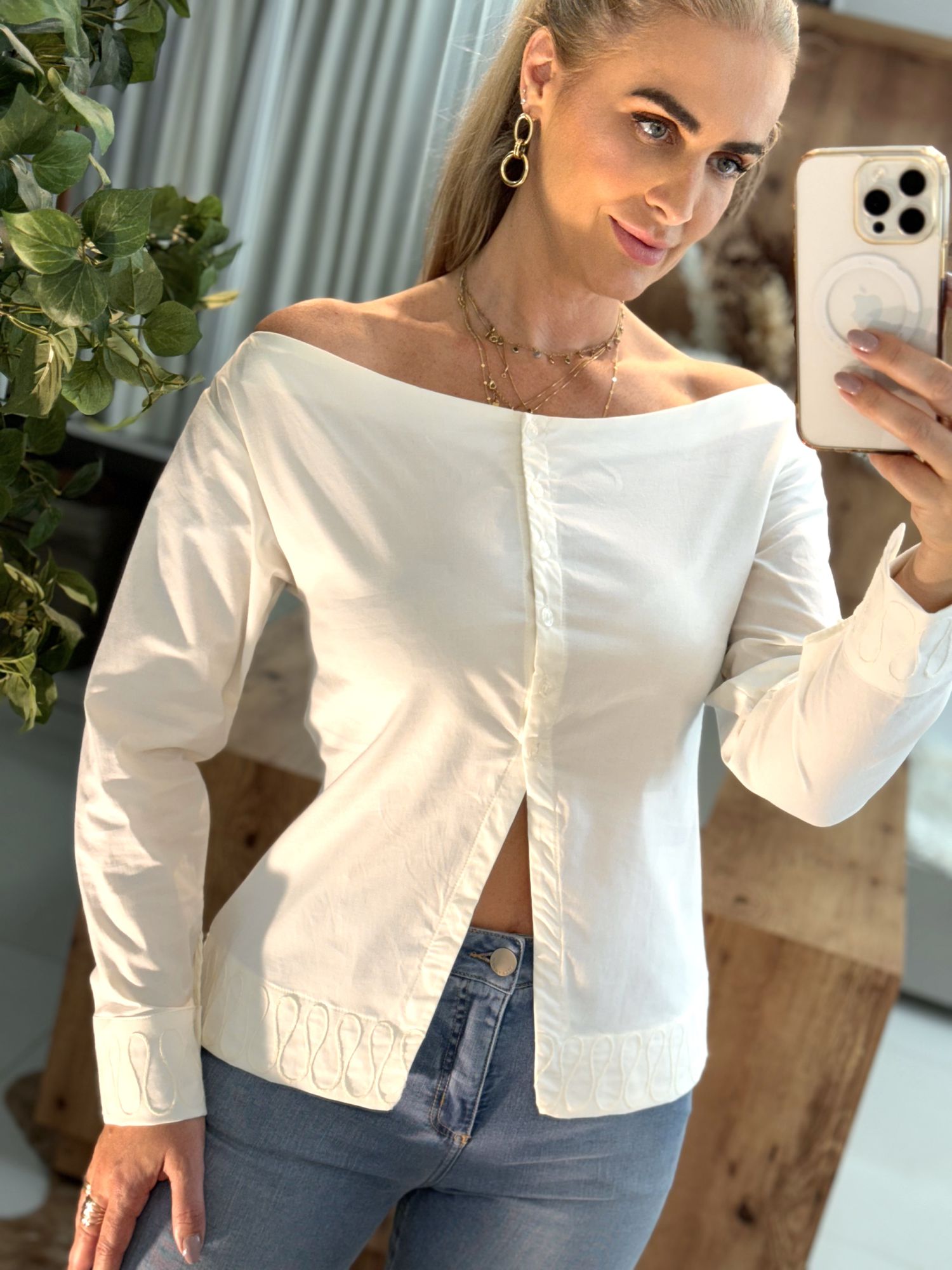 Camisa Manga Longa Ombro a Ombro com Alça Branco