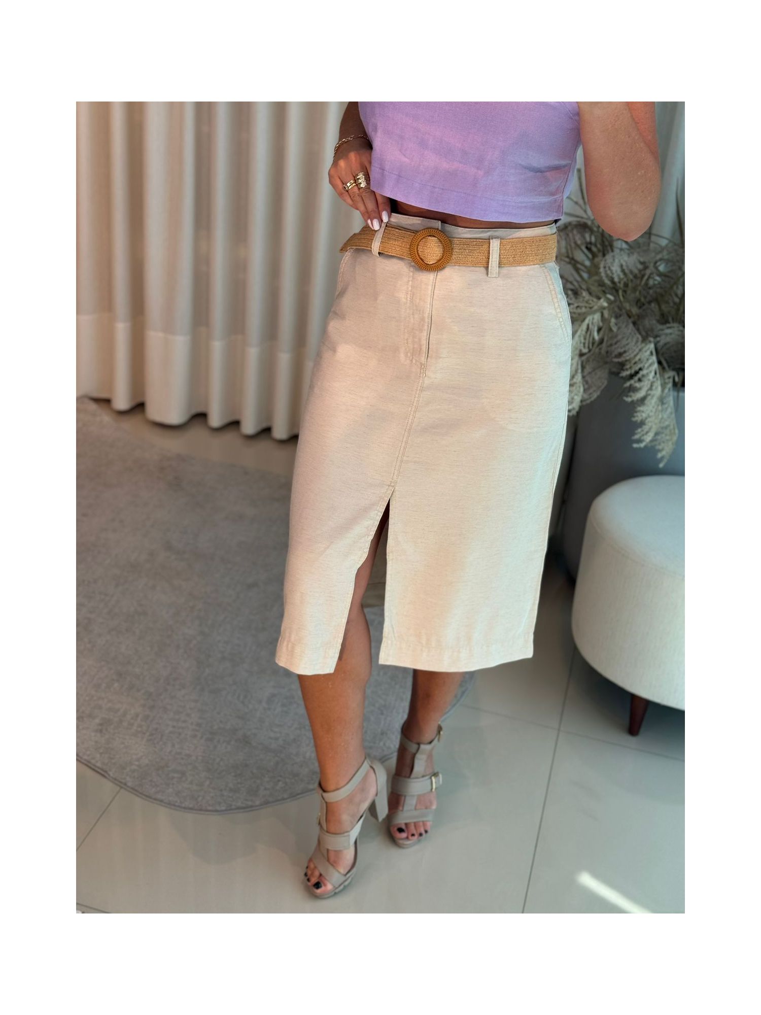 Saia Maria.Valentina Midi Reta Com Cinto Cru