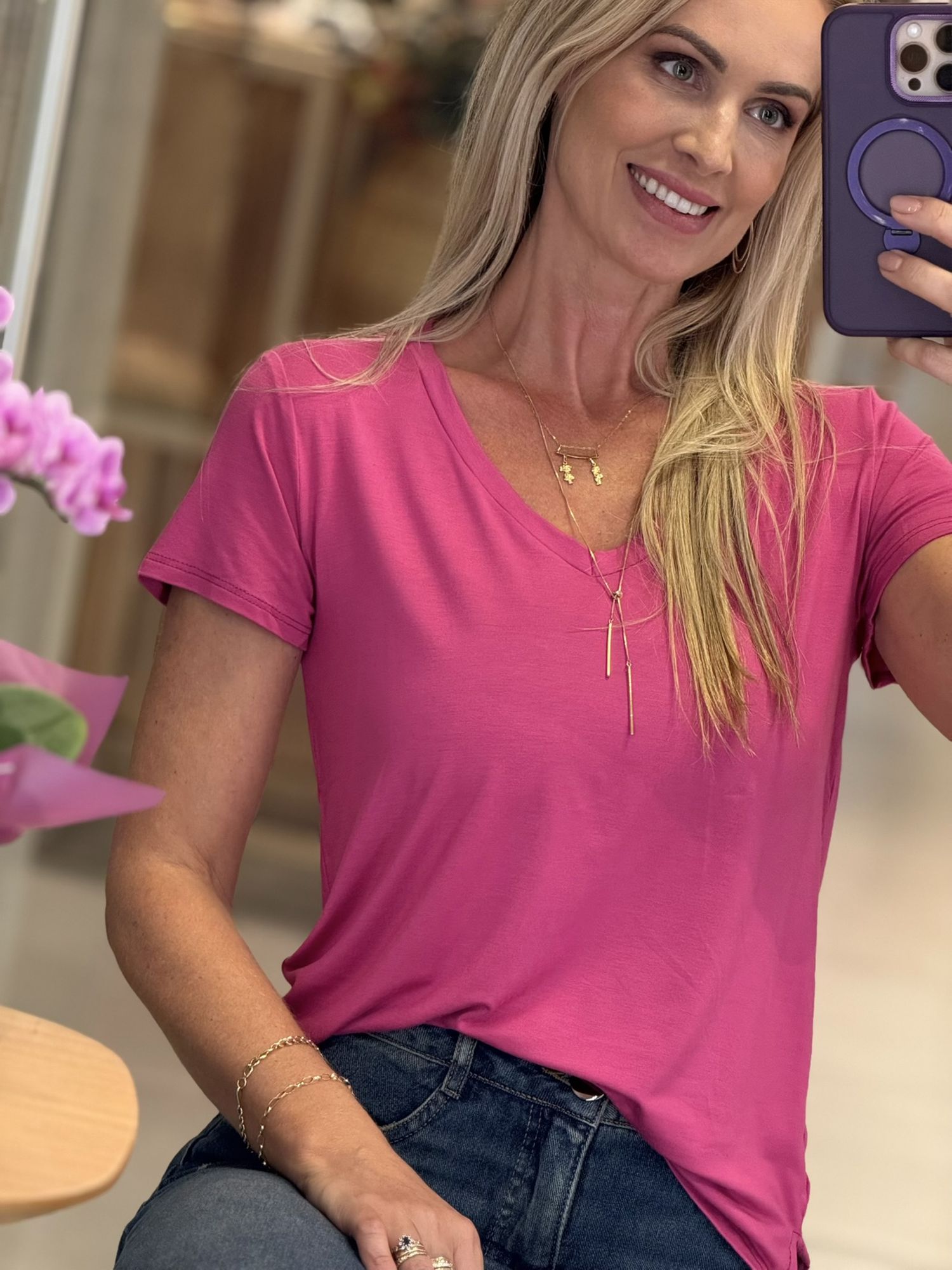 T Shirt Youbasic Manga Curta Com Gola V Nova Iorque Rosa