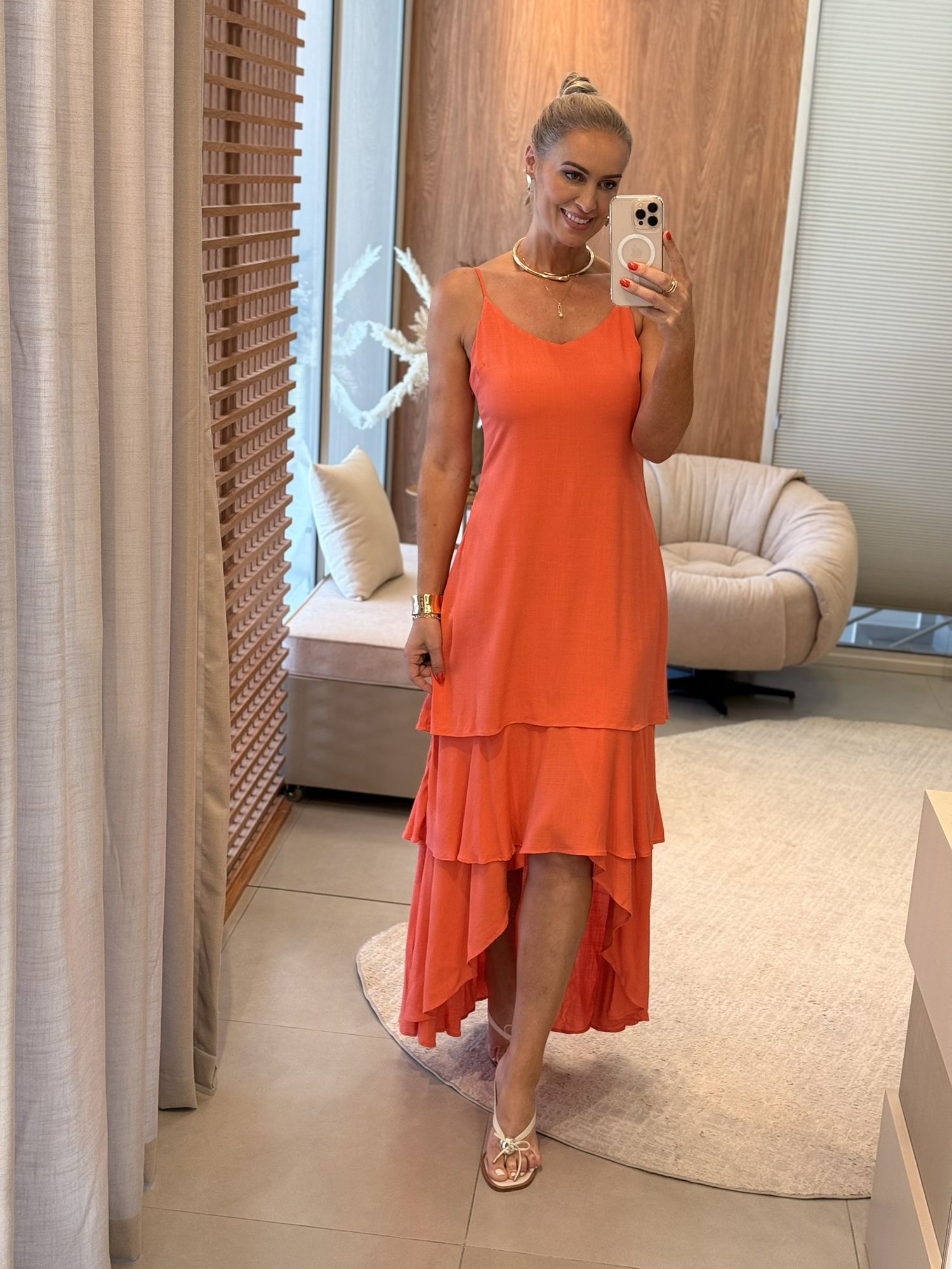 Vestido Lez a Lez Longo De Alças Com Babados Salmão 1911