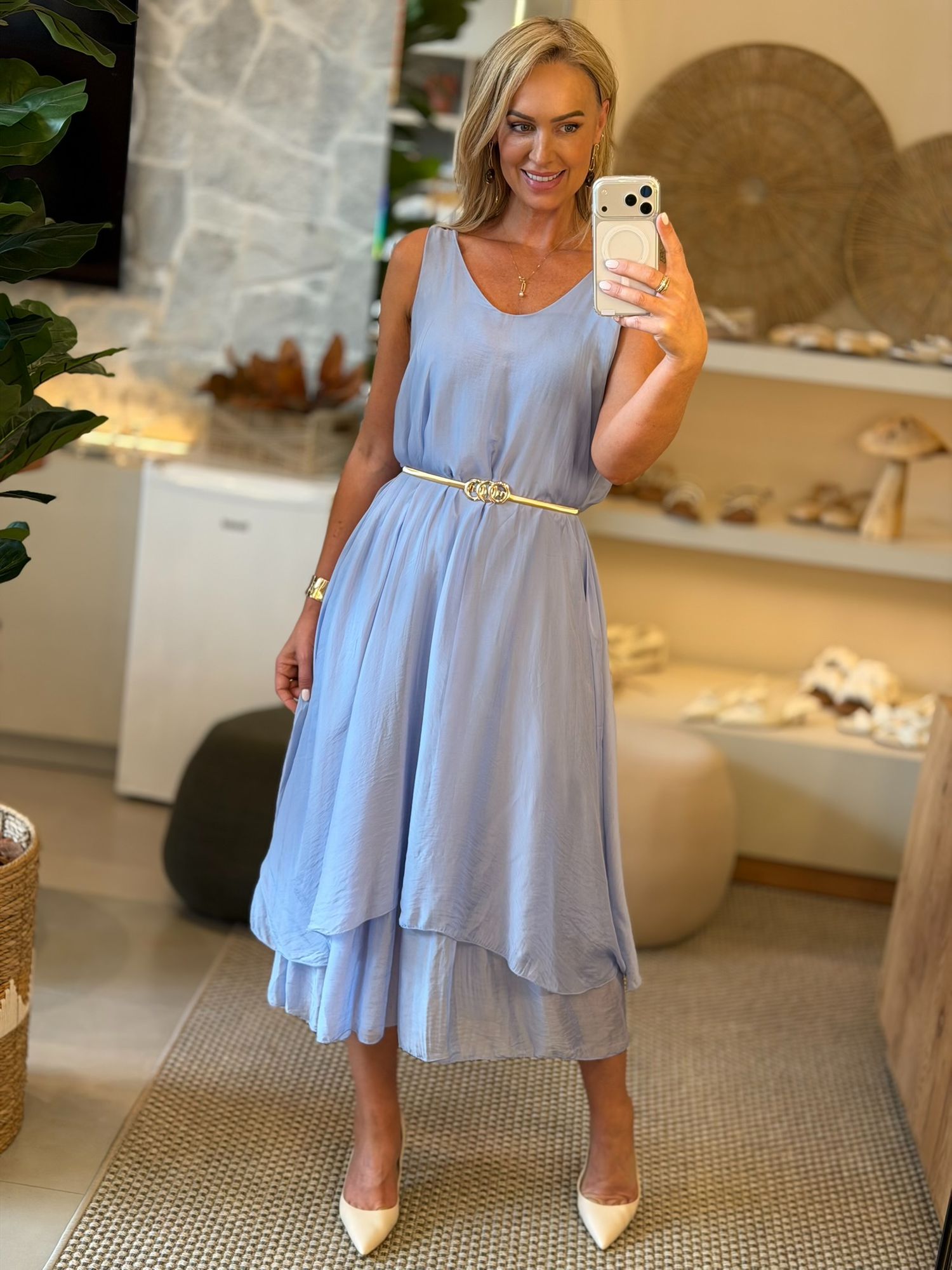 Vestido Regata MS Em Seda Fluído Midi Azul Claro 2412