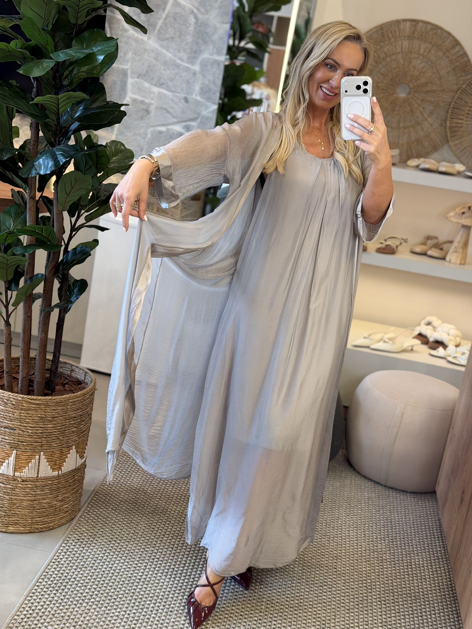 Conjunto De Vestido E Cardigan Em Seda Longo Cinza 2412