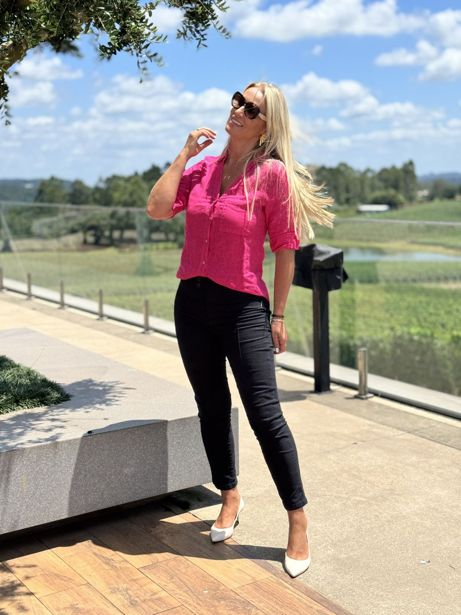 Camisa V Com Bolso Em Linho 100% Italiano Rosa Pink Bianca 