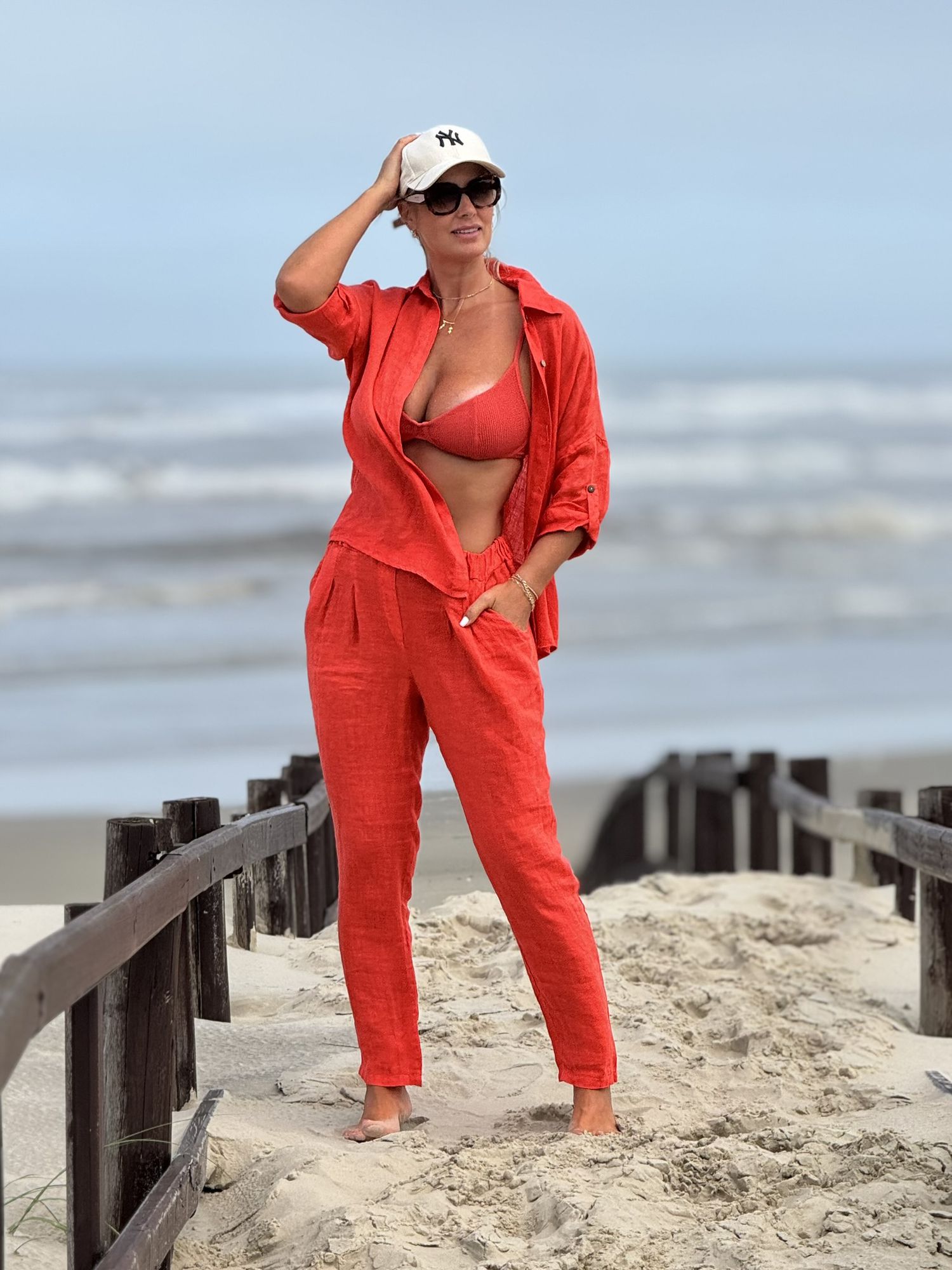 Camisa Lisa Em Linho 100% Italiano Coral