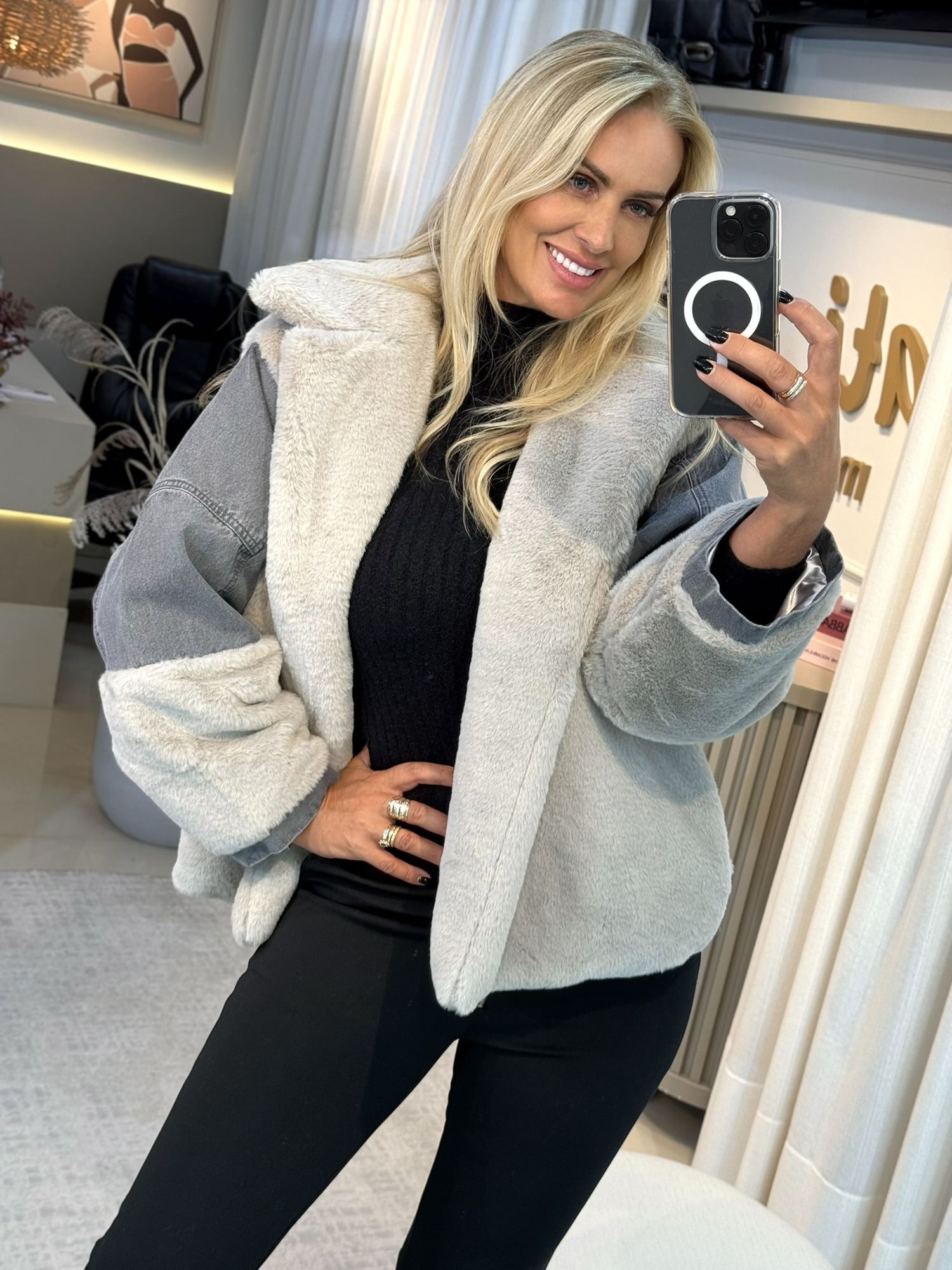 Casaco Jeans Iodice Com Pele Cinza