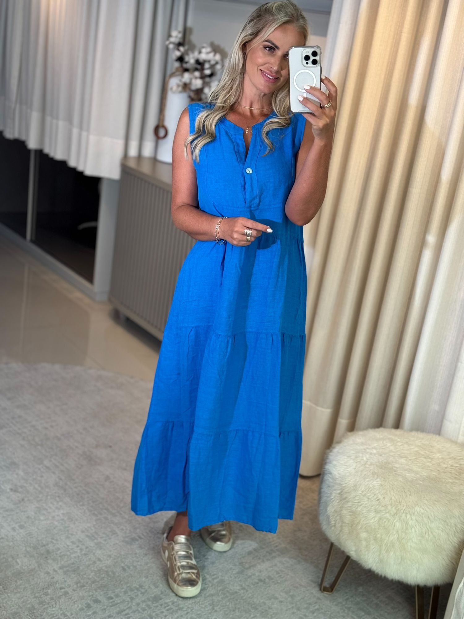 Vestido Regata Com Botão Em Linho 100% Italiano Azul Julia 1511