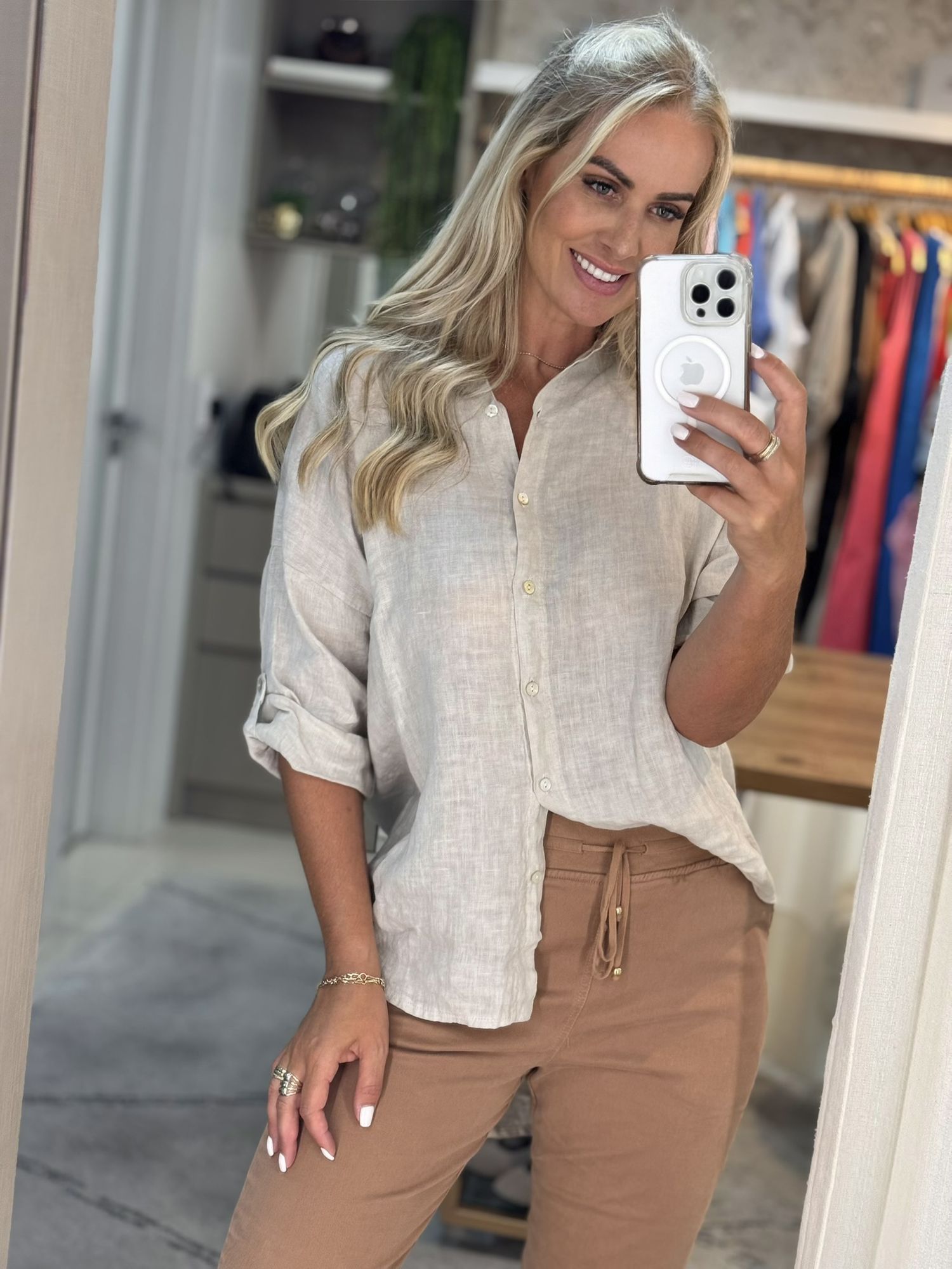 Camisa Lisa Em Linho 100% Italiano Bege