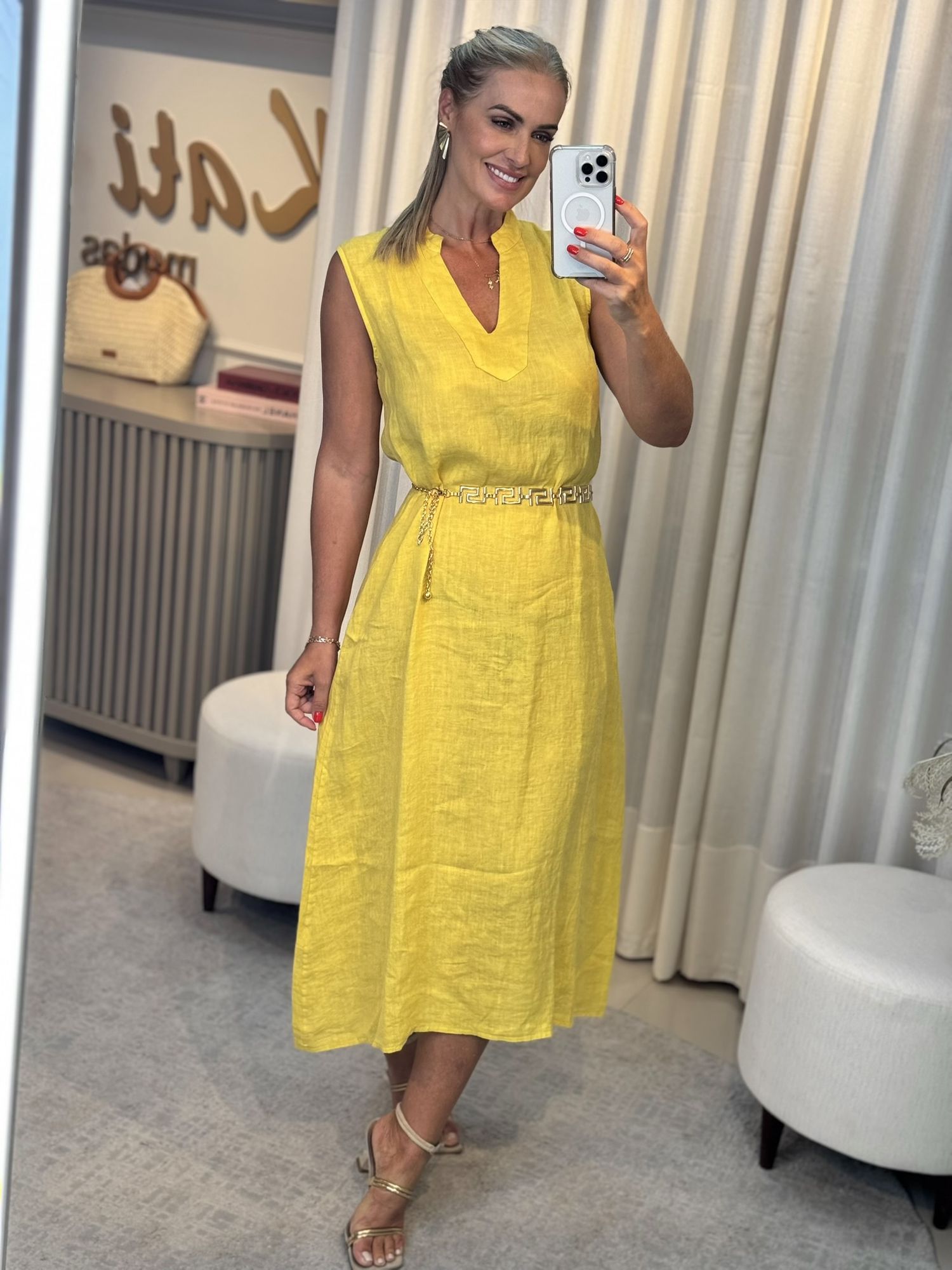 Vestido Decote V Em Linho 100% Italiano Amarelo