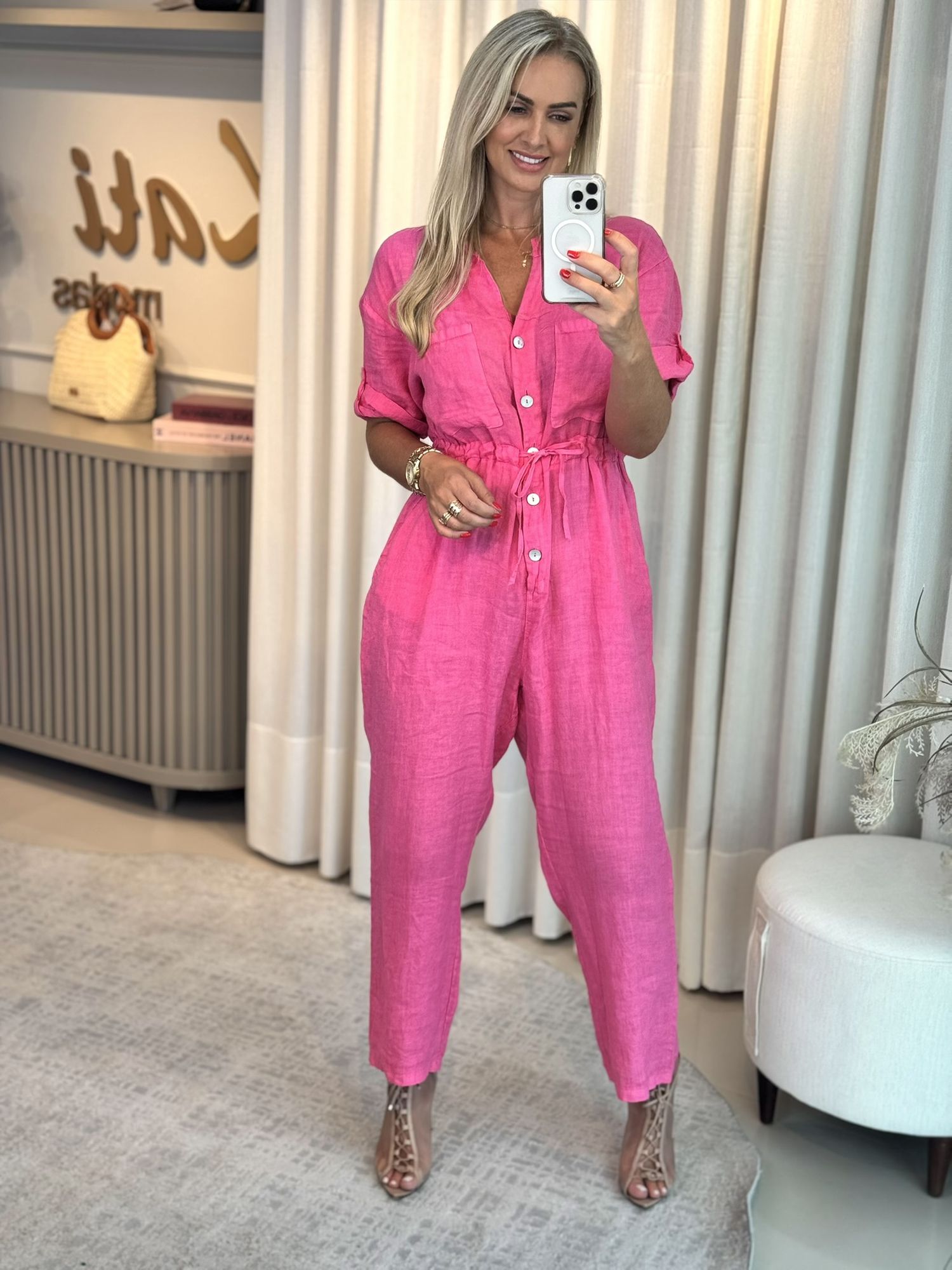 Macacão Longo Em Linho 100% Italiano Rosa Pink