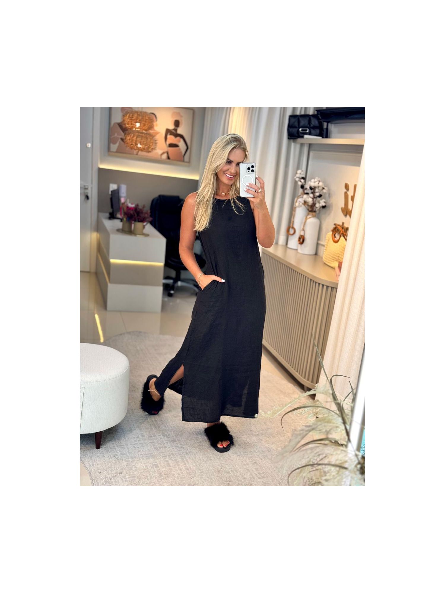 Vestido Midi Em Linho 100% Italiano Preto