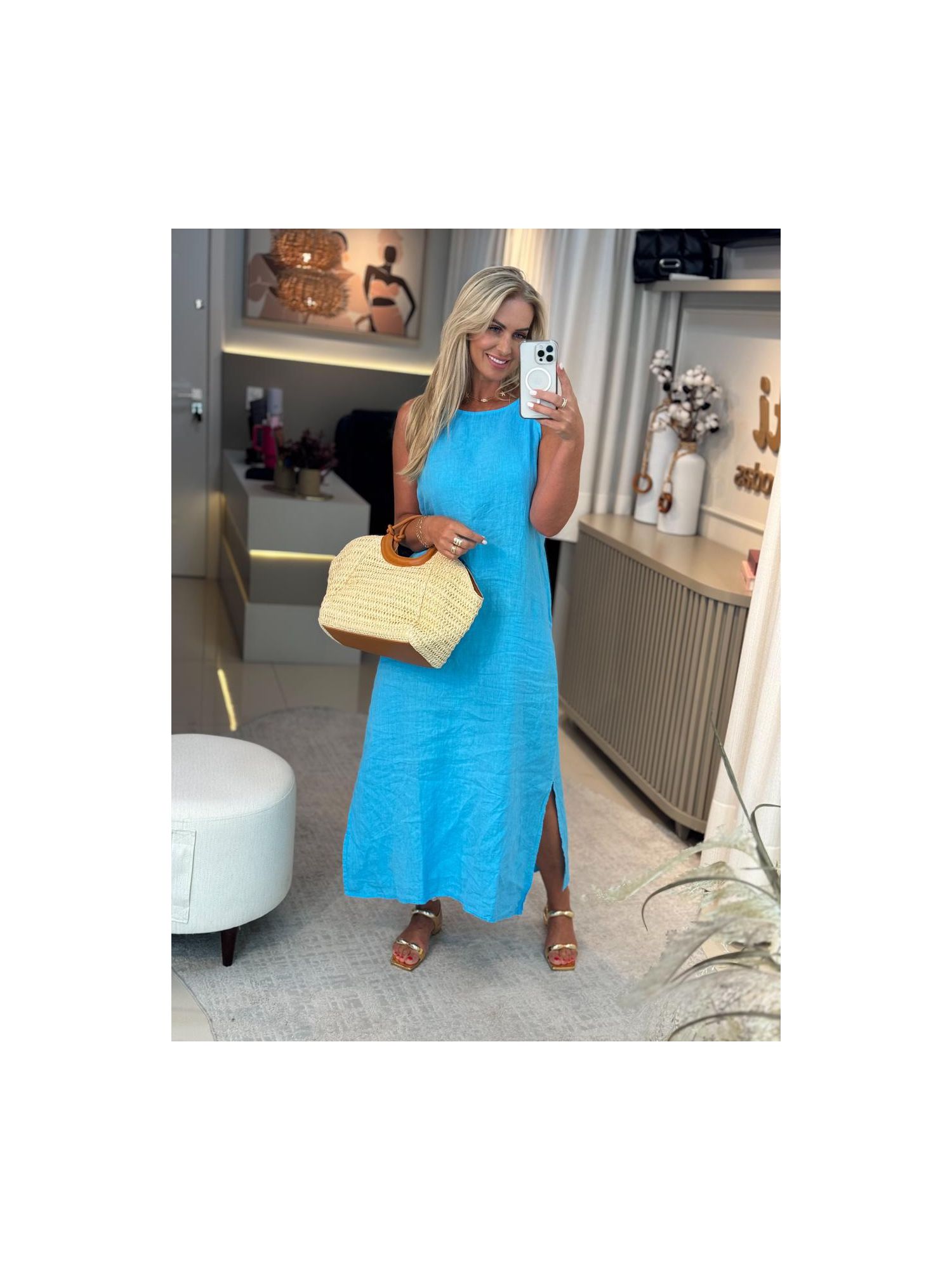 Vestido Midi Em Linho 100% Italiano Azul