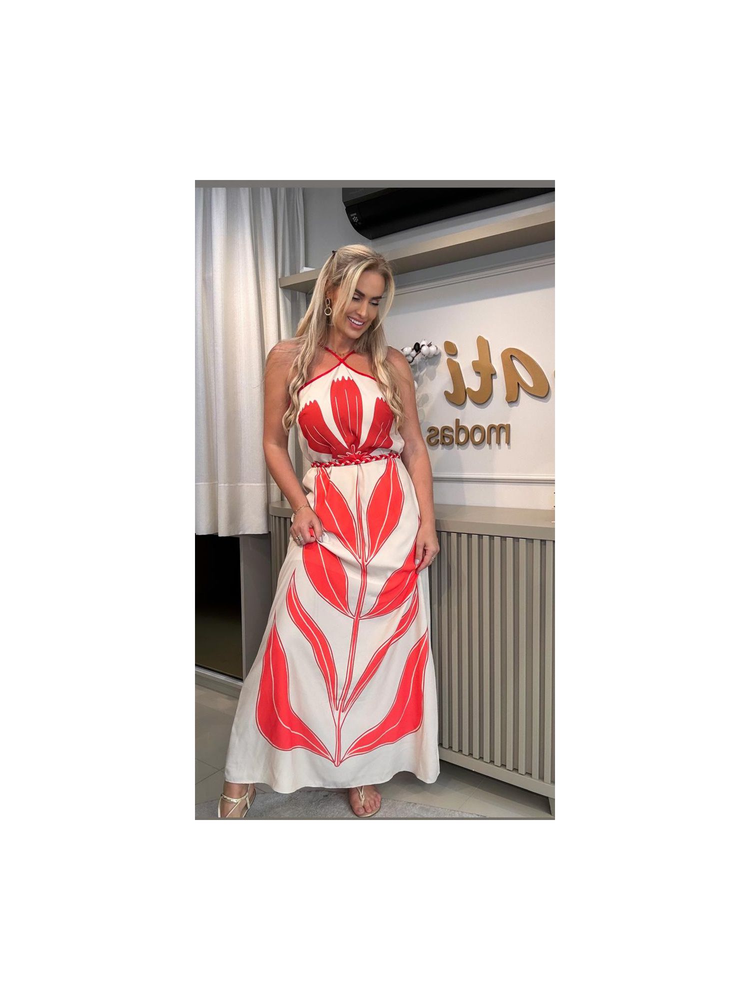 Vestido Longo Cross Neck Estampado com Cinto Bloom 