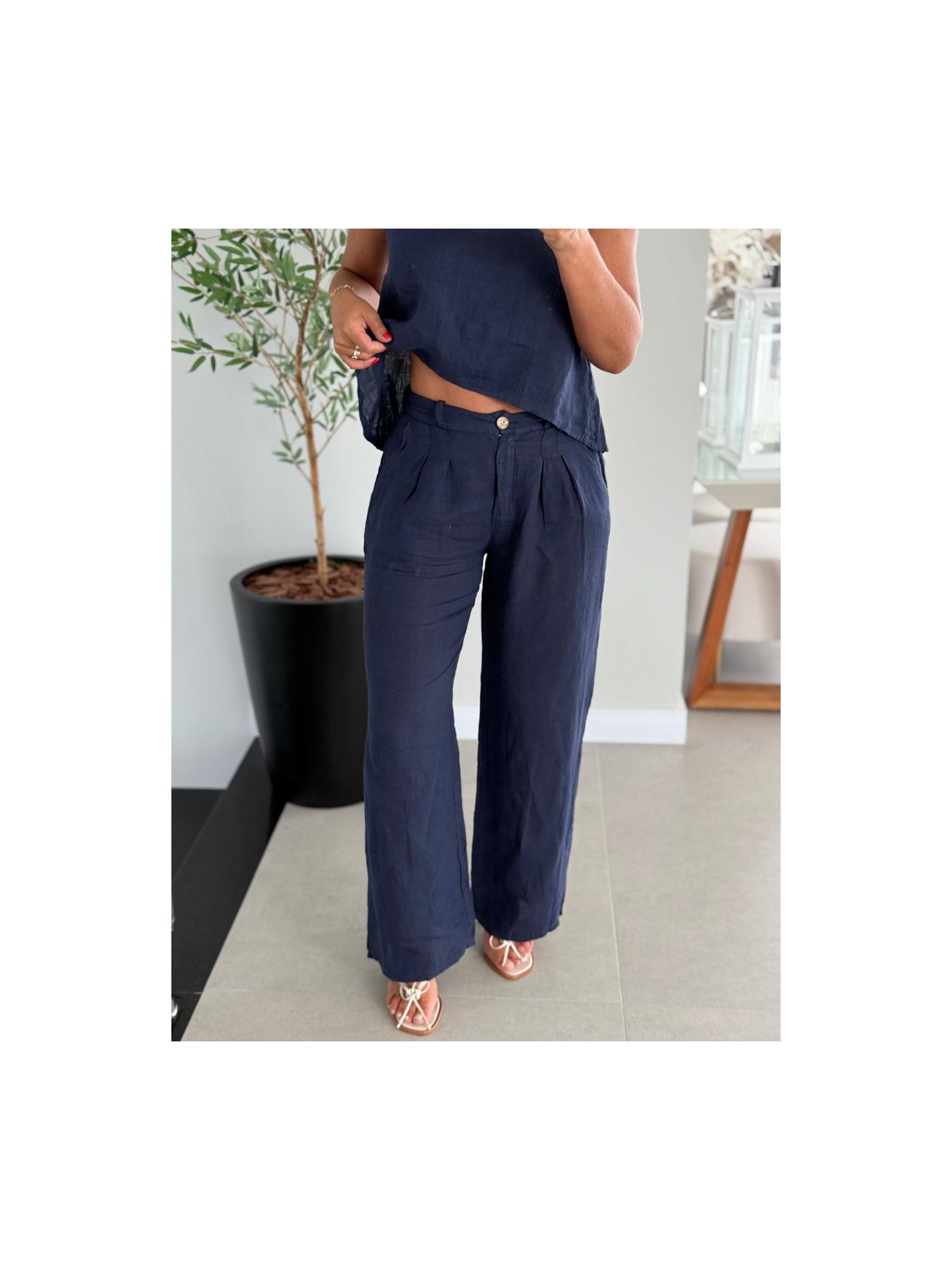 Calça De Linho 100% Italiano Cris Azul Marinho 