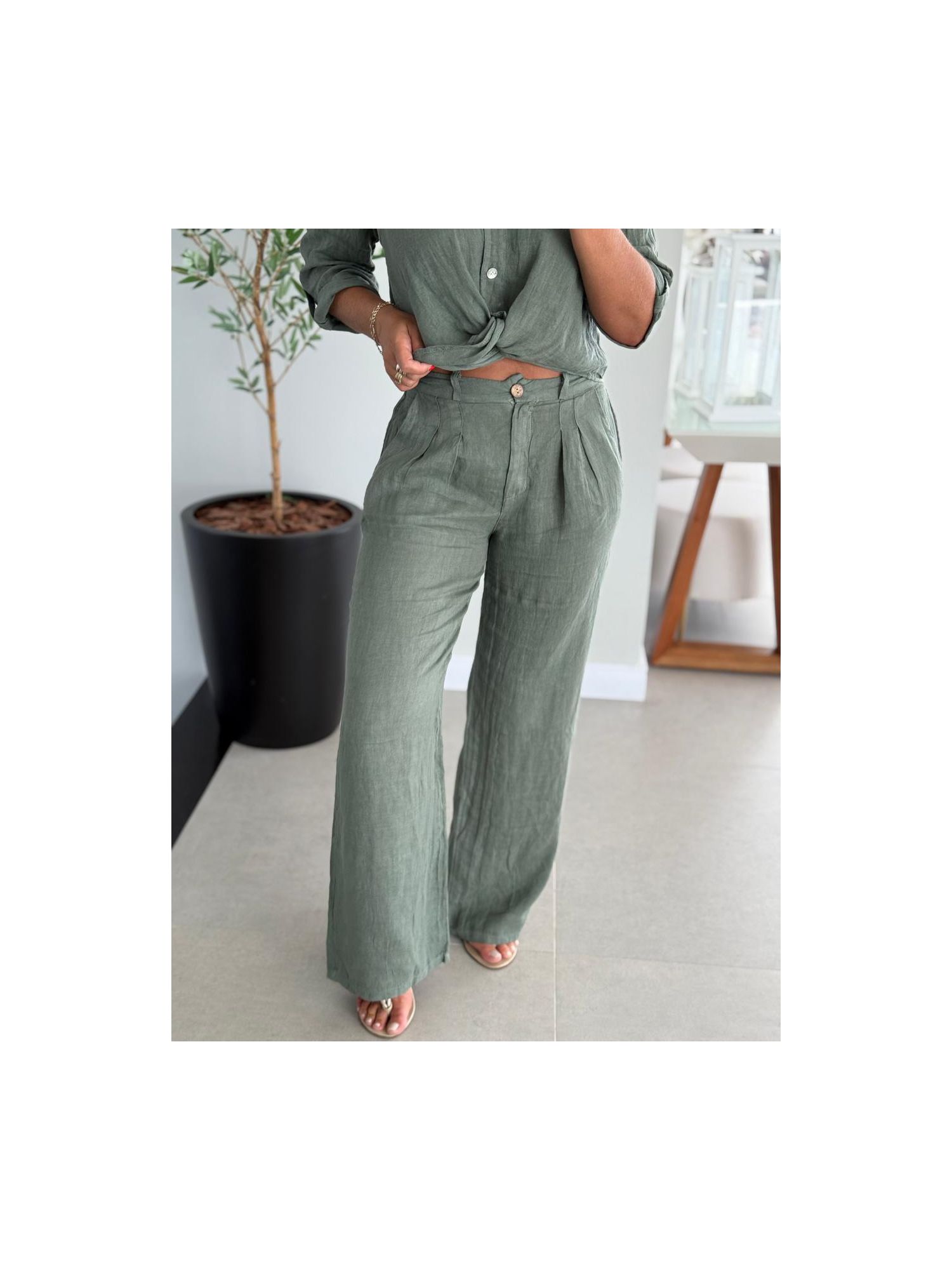 Calça De Linho 100% Italiano Cris Verde 