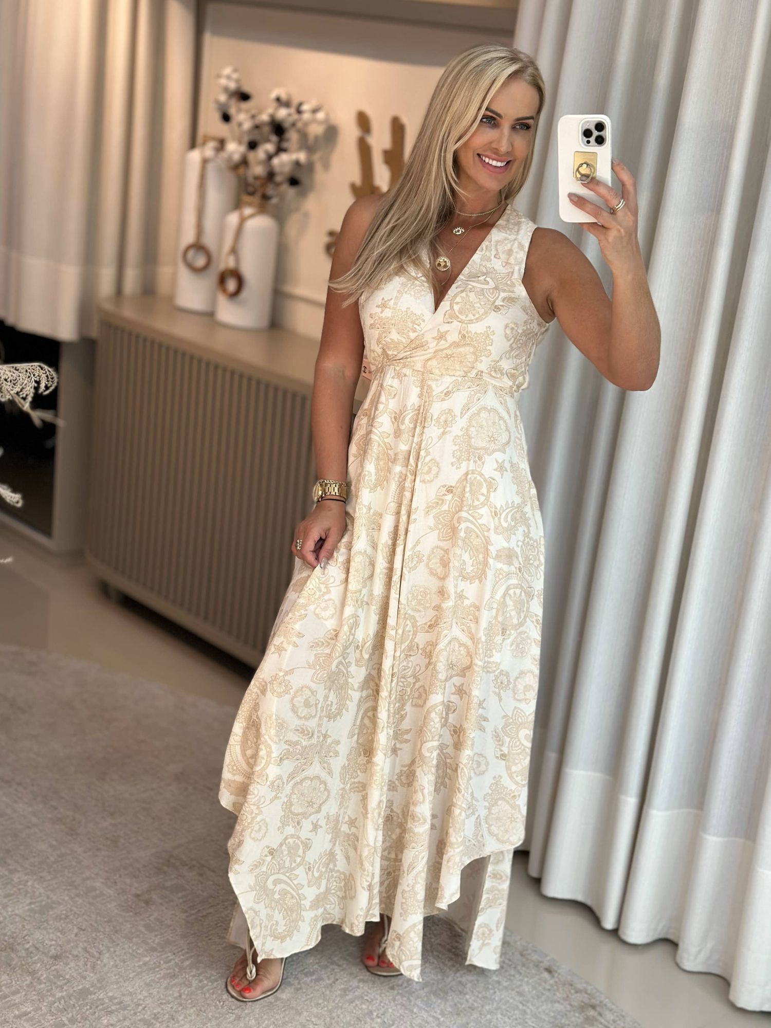 Vestido Midi Assimétrico Em Viscose Estampado Nacpan