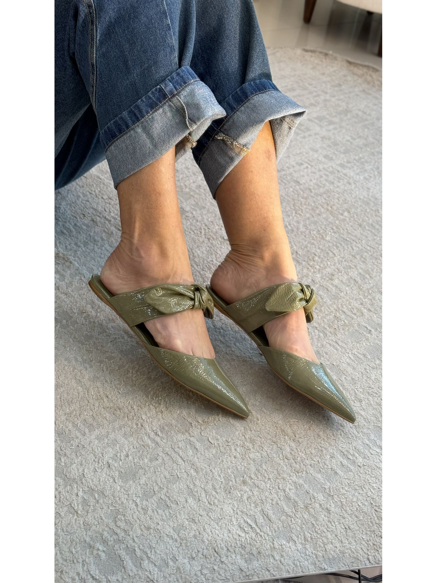 Mule Flat Knot Couro Verniz Verde 2808