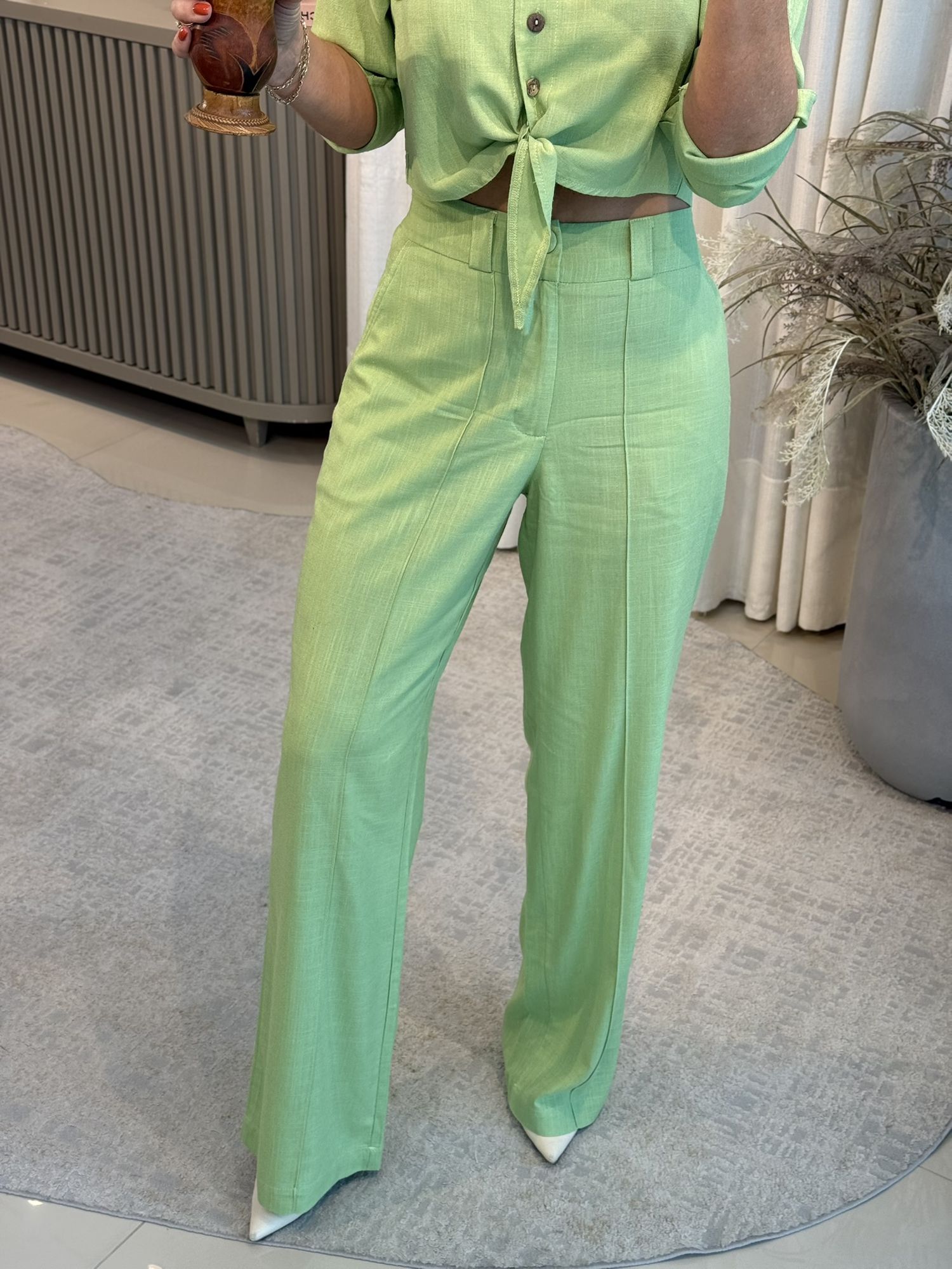 Calça Linho Essencial Com Elástico Na Cintura Verde 2108