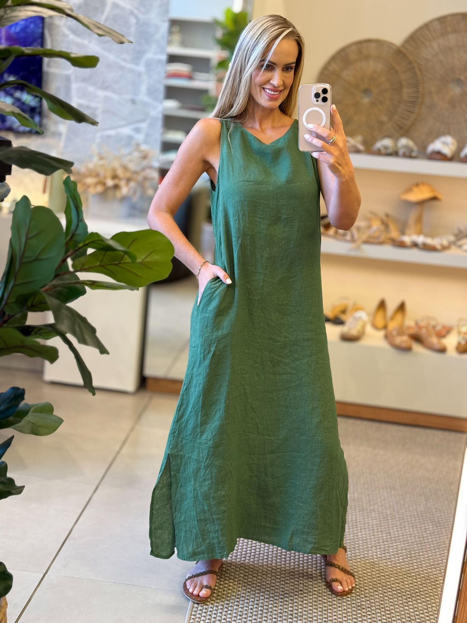 Vestido Midi Em Linho 100% Italiano Verde Militar 2510 