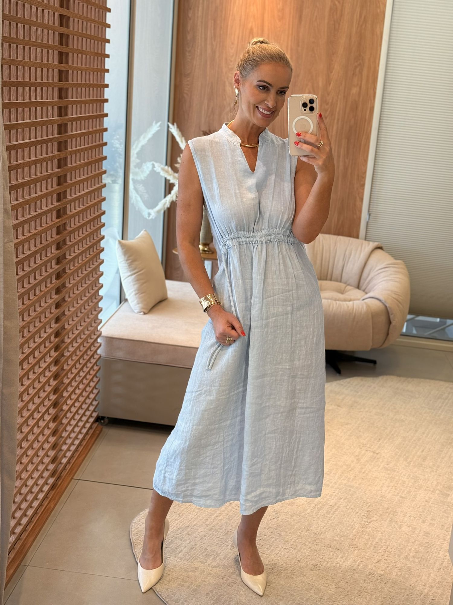 Vestido MS 100% Linho Italiano Com Amarração Na Cintura Azul Claro 1911