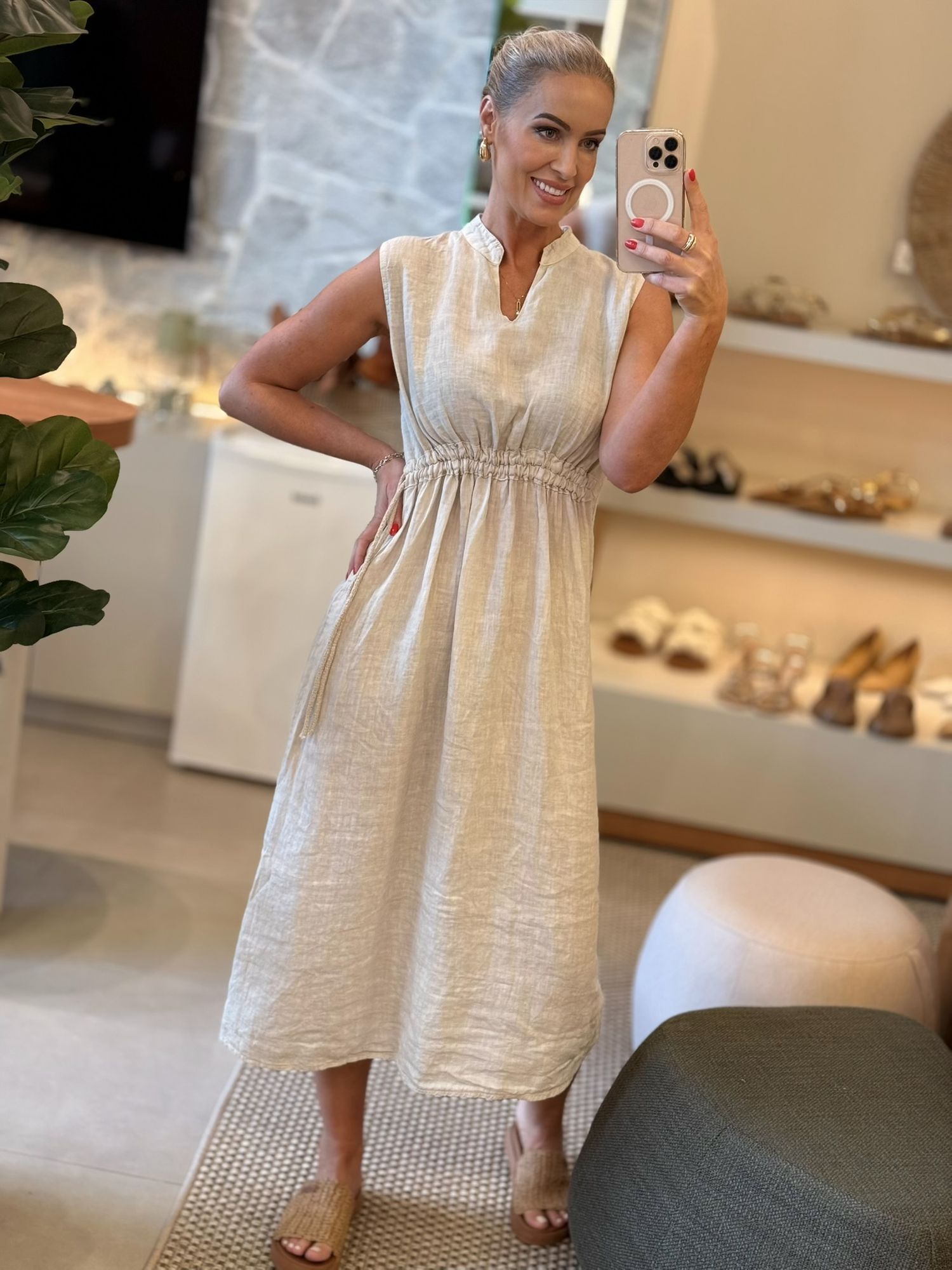 Vestido MS 100% Linho Italiano Com Amarração Na Cintura Bege 1811