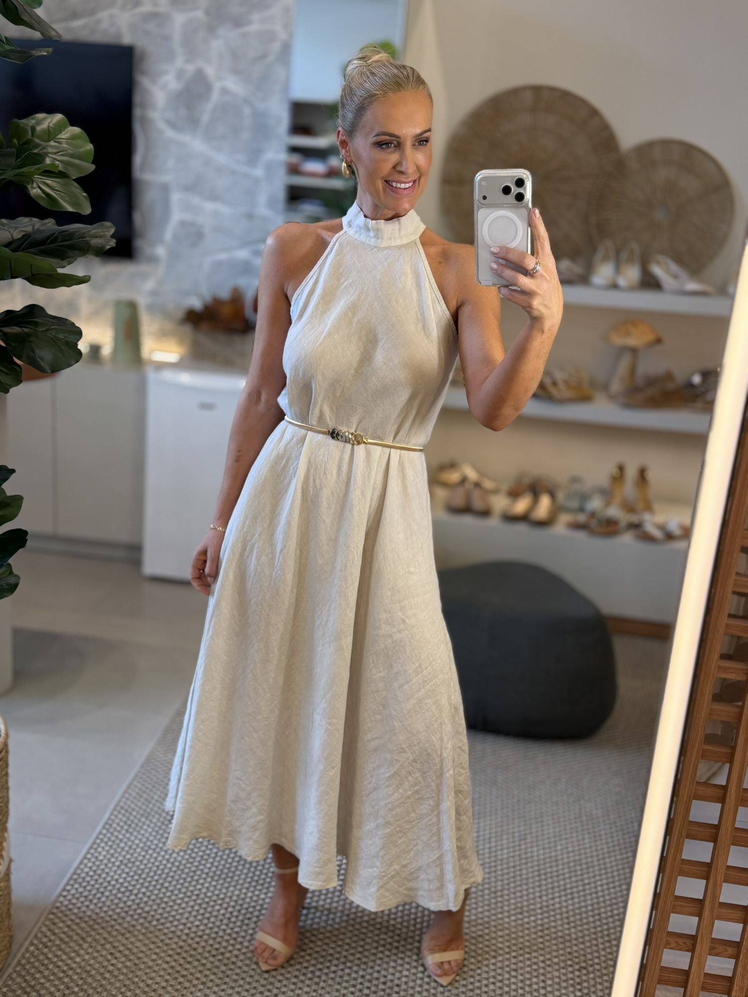 Vestido Cavado Em Linho 100% Italiano Longo Cecília Cru 1612 