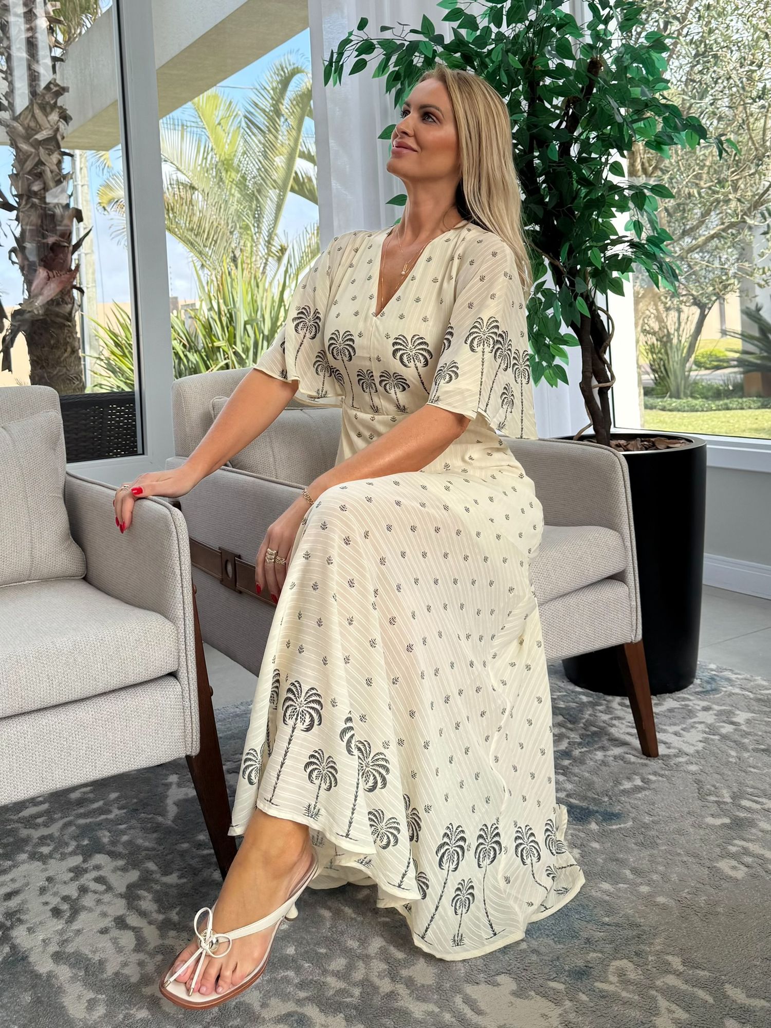 Vestido Lez a Lez Longo Estampado Com Decote Em V E Mangas Amplas 1608
