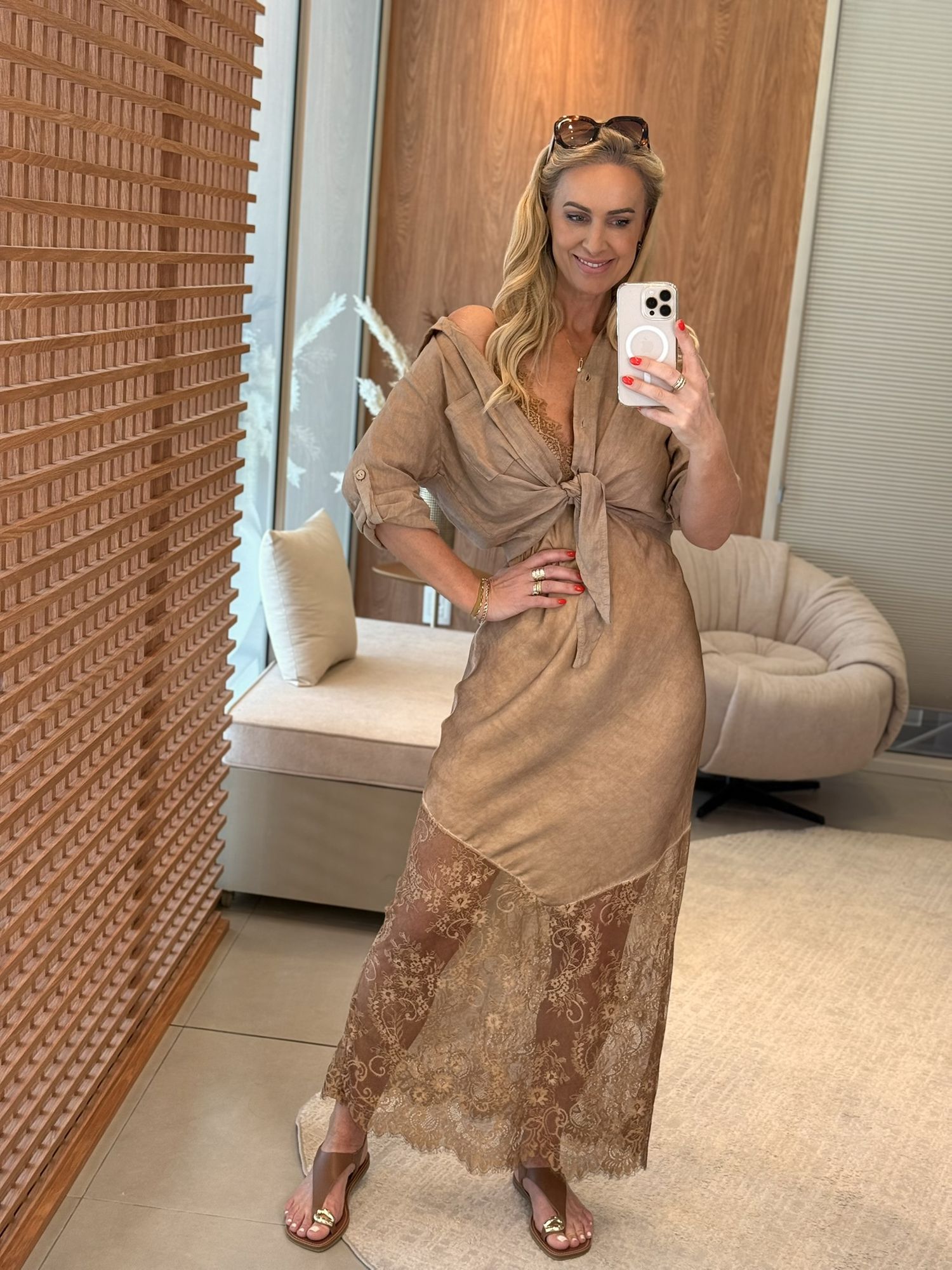 Vestido MS Slip Dress Com Alças Em Renda Caramelo 1411