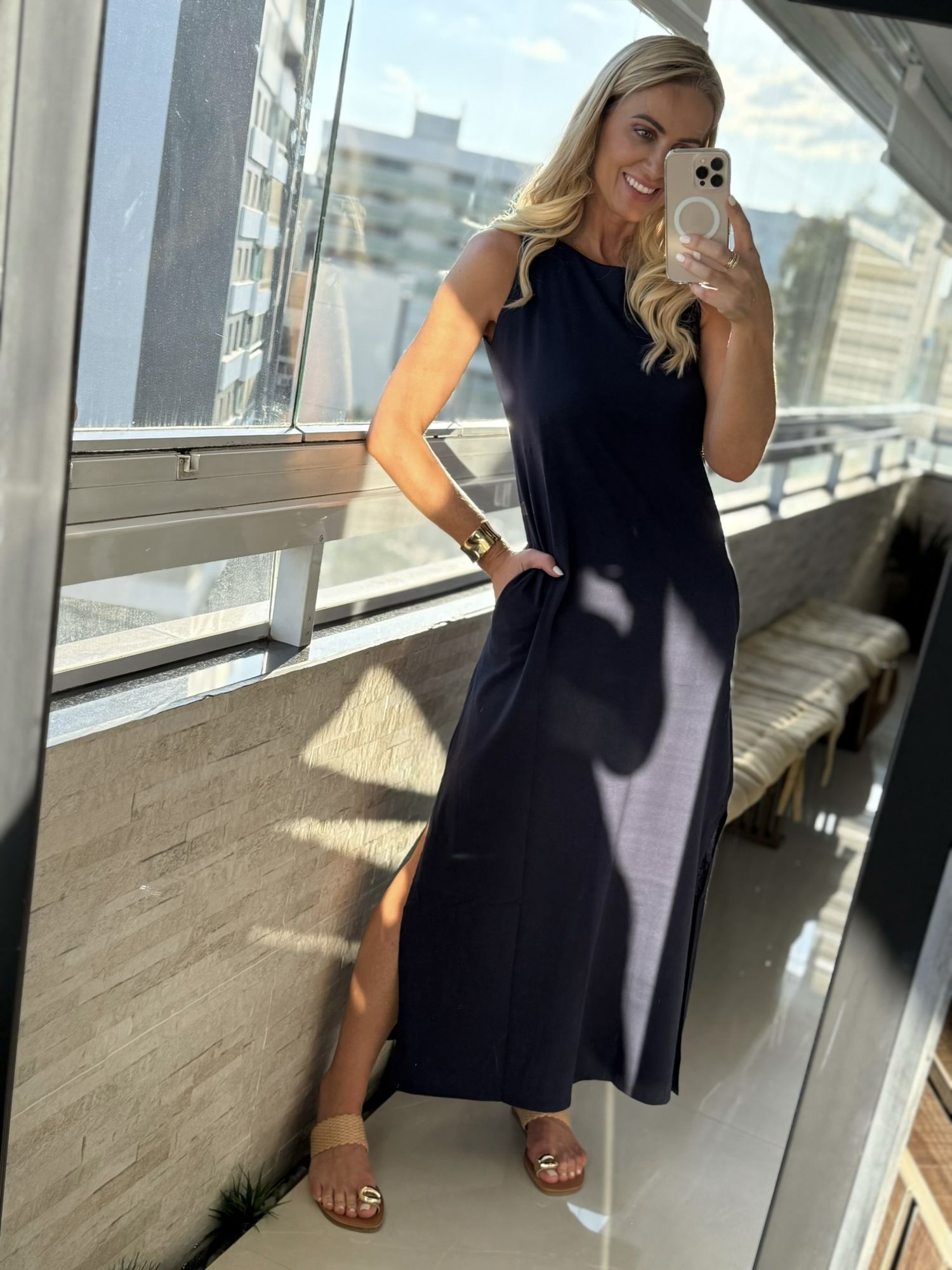 Vestido Youbasic Longo Regata Com Fendas Laterais Azul Marinho 0411