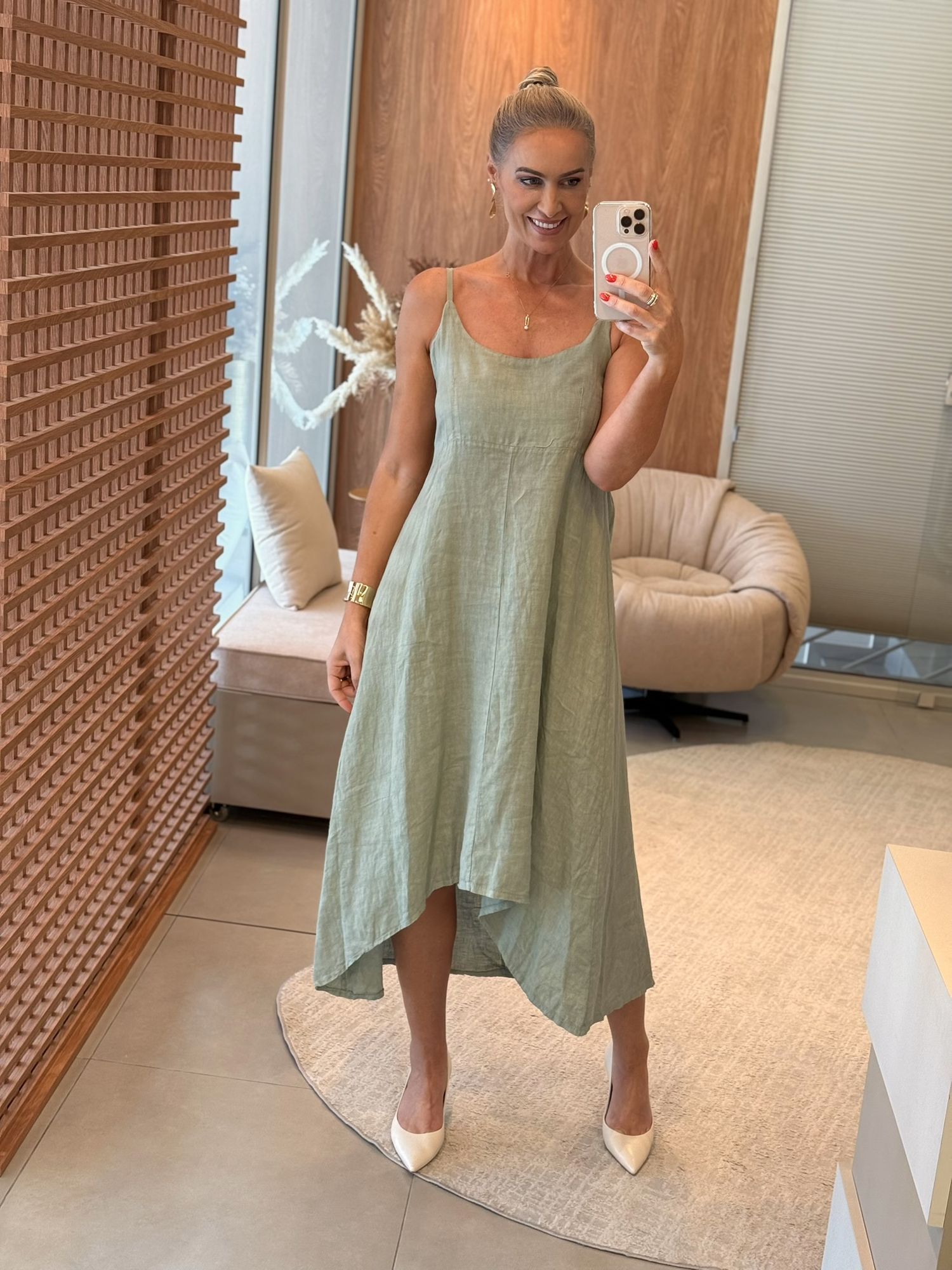 Vestido MS 100% Linho Italiano Mullet Verde 1411 