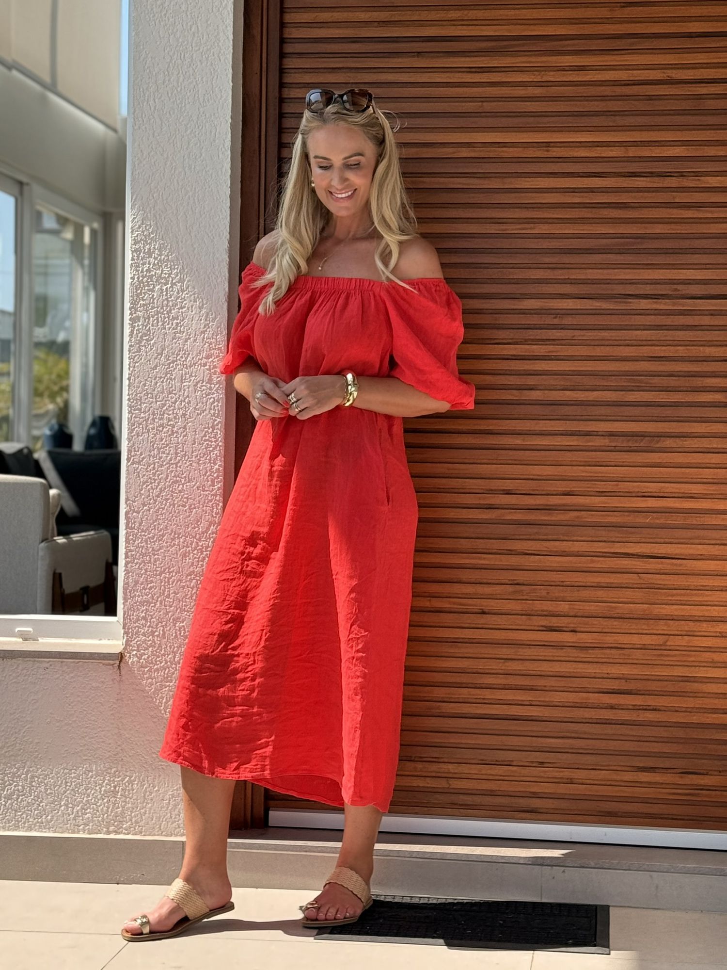 Vestido Manga Bufante Em Linho 100% Italiano Vermelho Margot 1511