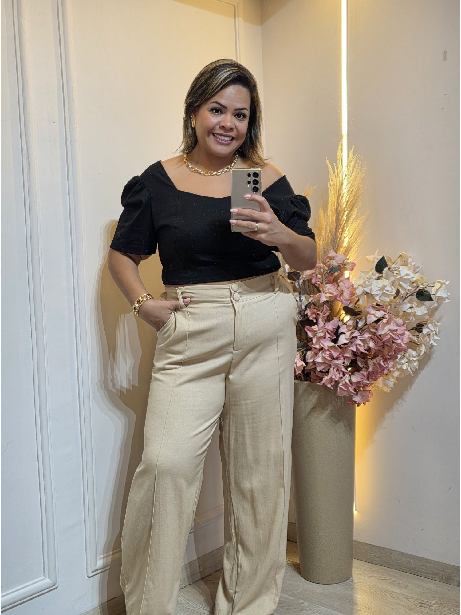 CALÇA PANTALONA EM LINHO-NUDE - 3333333360372 - Érika Araújo Store