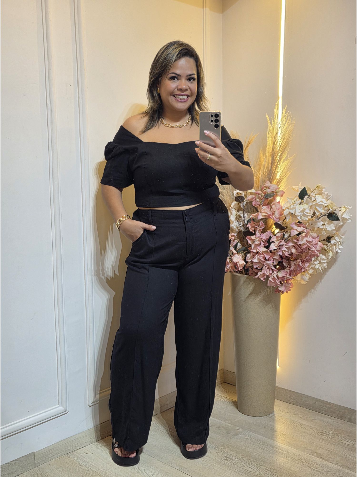 CALÇA PANTALONA EM LINHO-PRETO - 3333333333338 - Érika Araújo Store