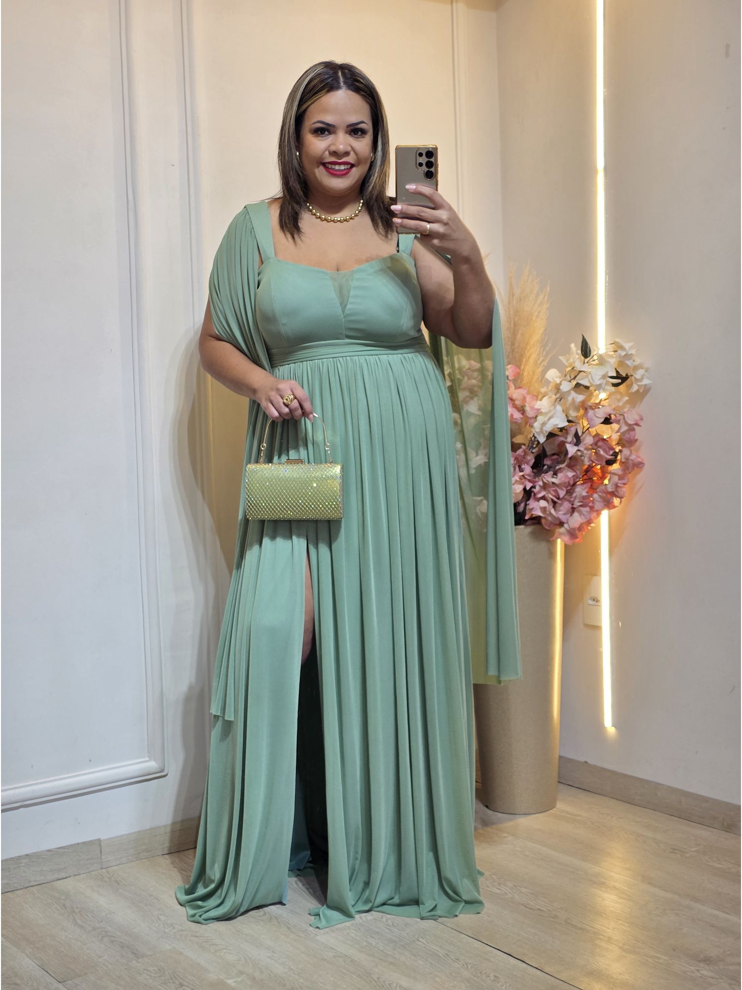 VESTIDO DE FESTA LONGO GLAMOUR VERDE OLIVIA - 333... - Érika Araújo Store