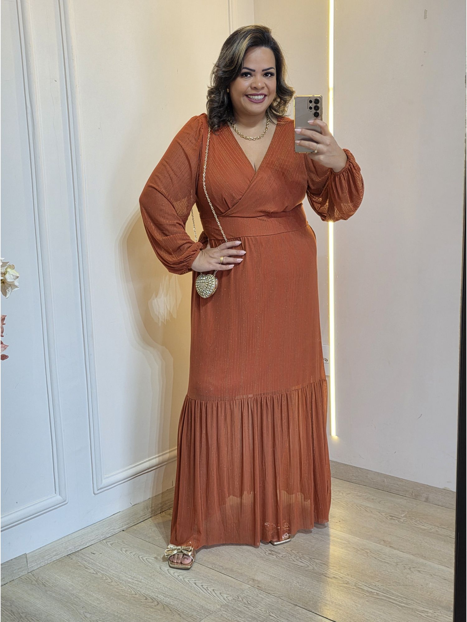 VESTIDO ELLEGANCE MANGA LONGA - TERRA COTA BRILHO - Érika Araújo Store