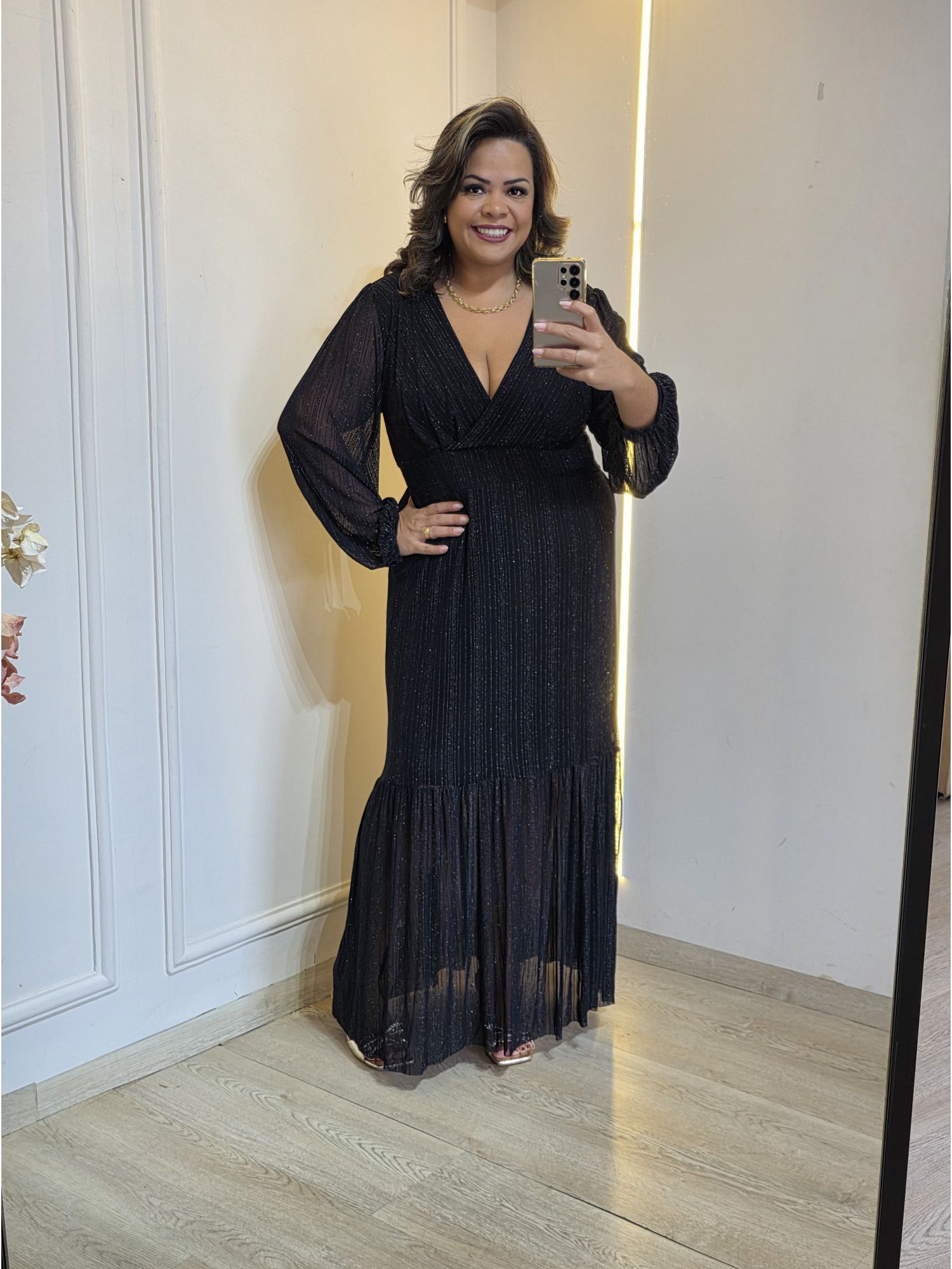 VESTIDO ELLEGANCE MANGA LONGA - PRETO BRILHO - Érika Araújo Store