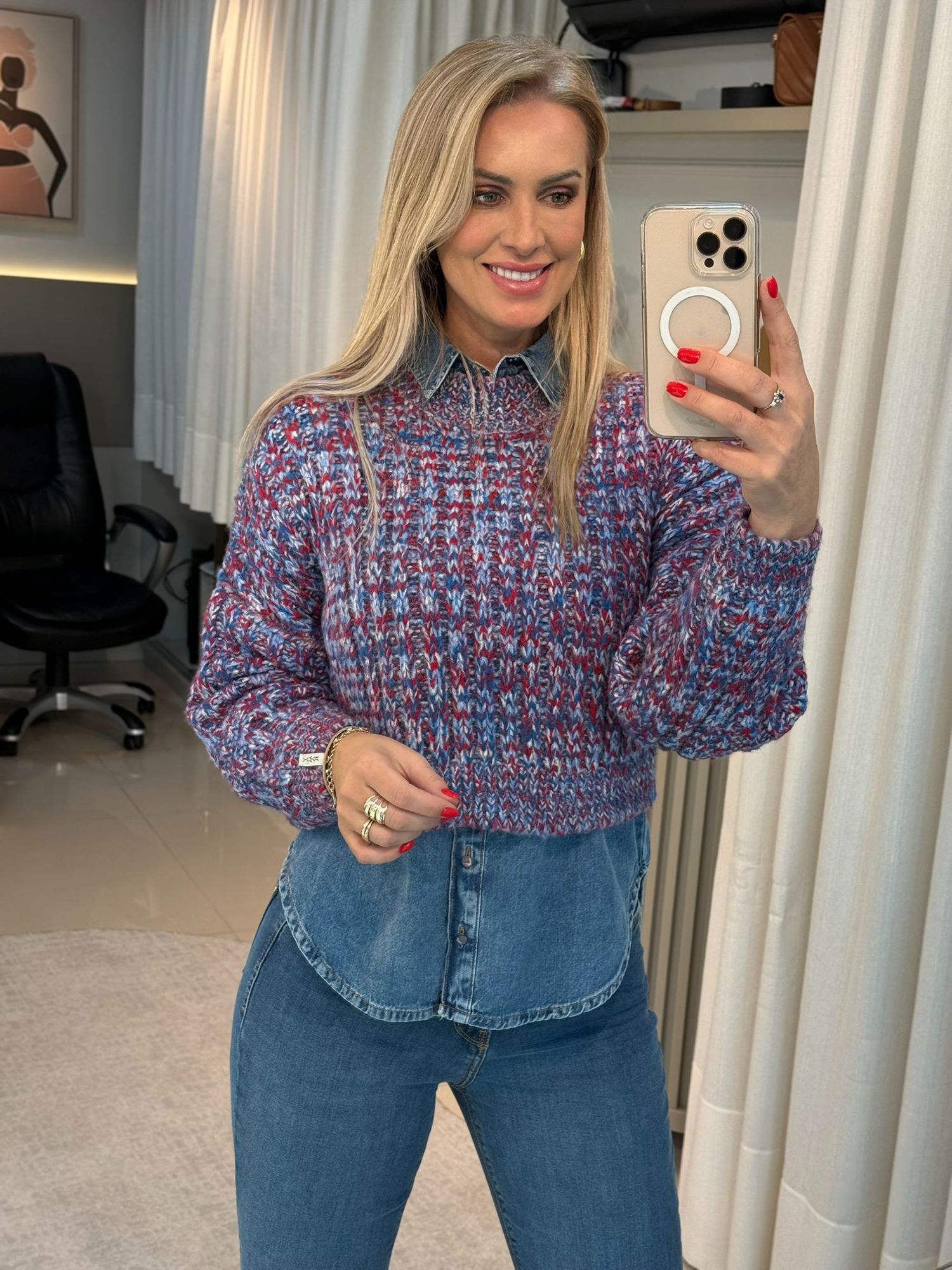 Blusa Biamar Cropped Azul E Vermelho 1007