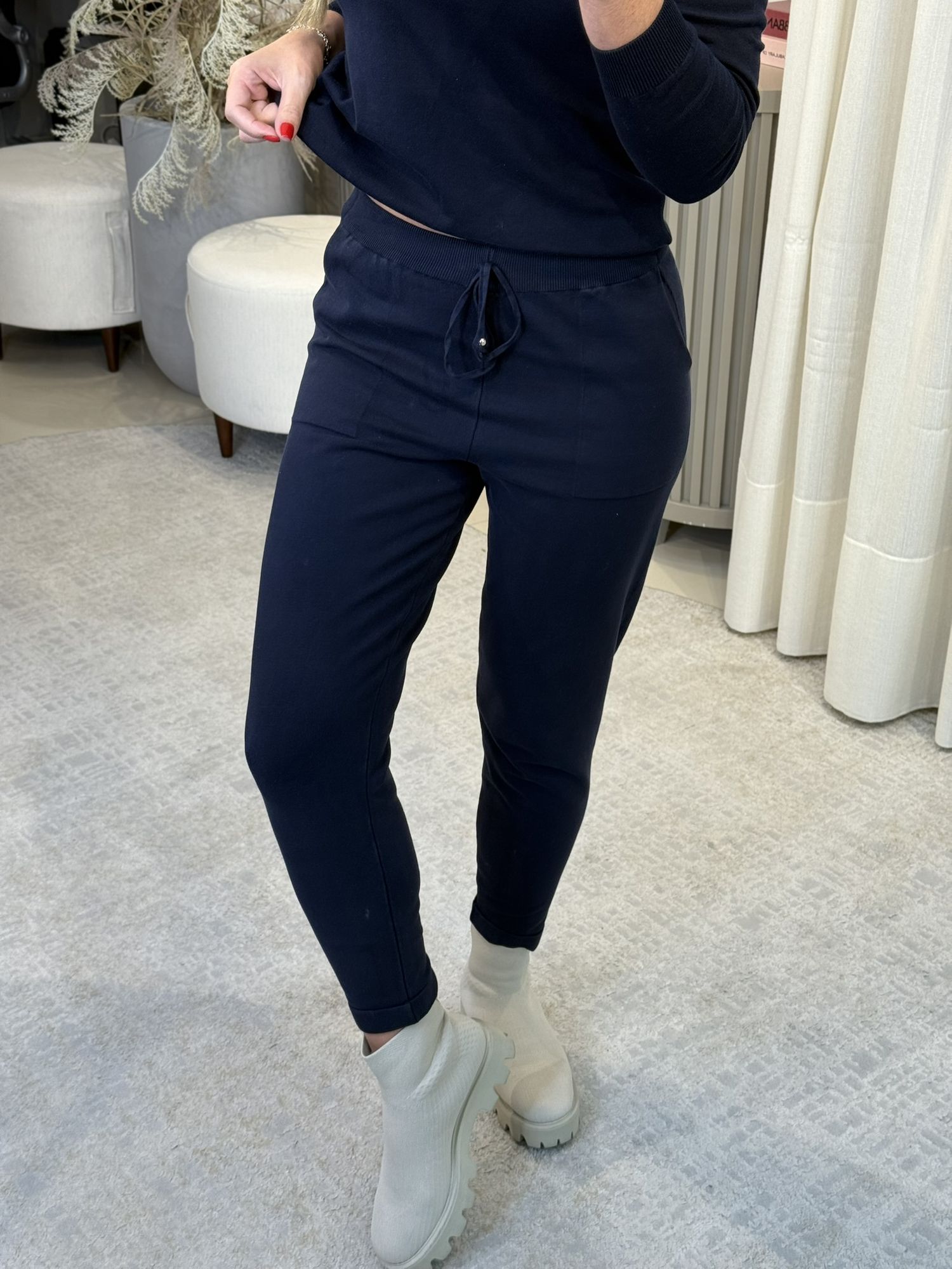 Calça De Tricô Com Barra Italiana Marinho 2805