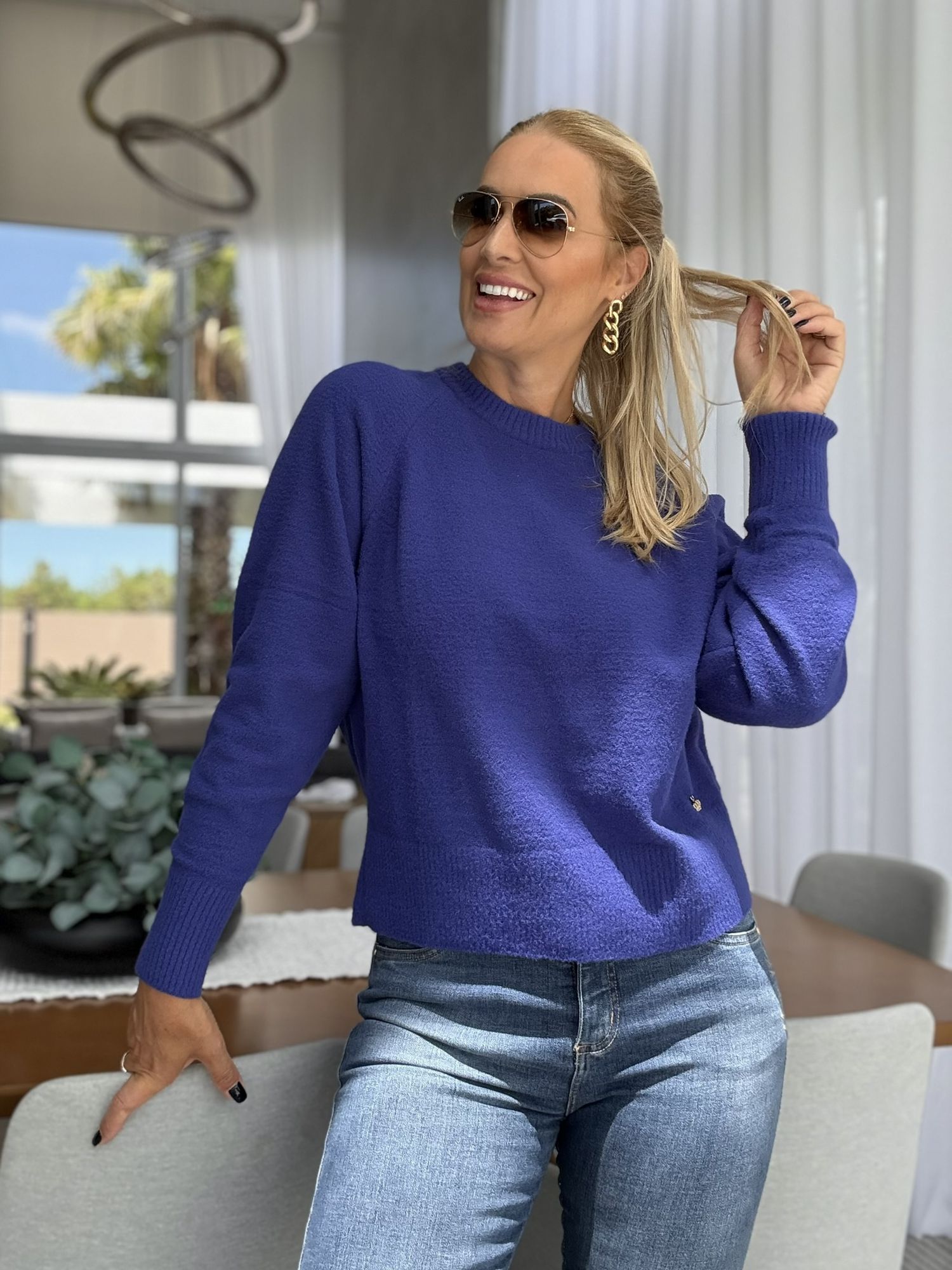Blusa Abenção Em Fio Pluma Azul 