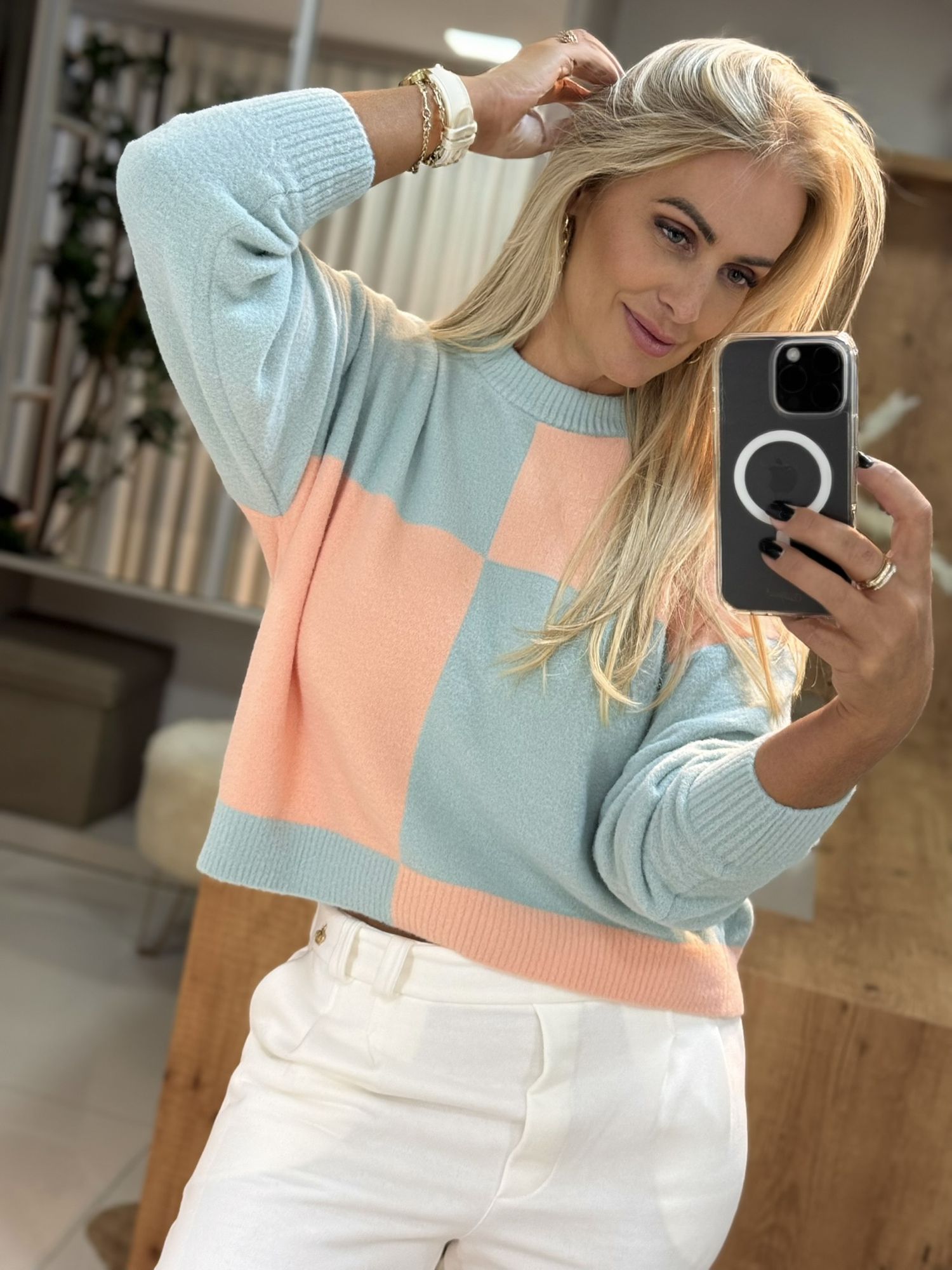 Blusa Abenção Em fio Pluma Quadriculado Azul