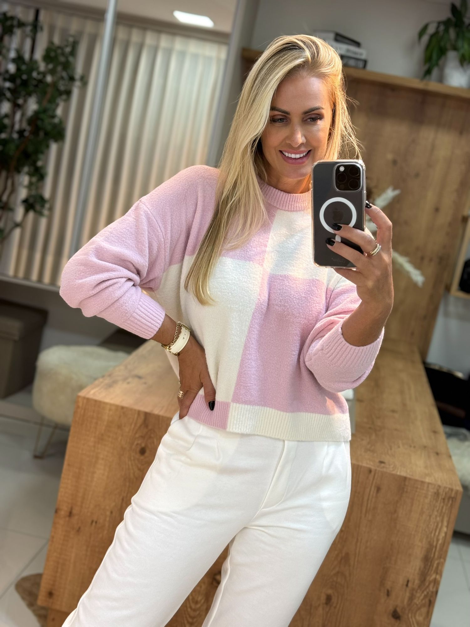 Blusa Abenção Em fio Pluma Quadriculado Rosa 