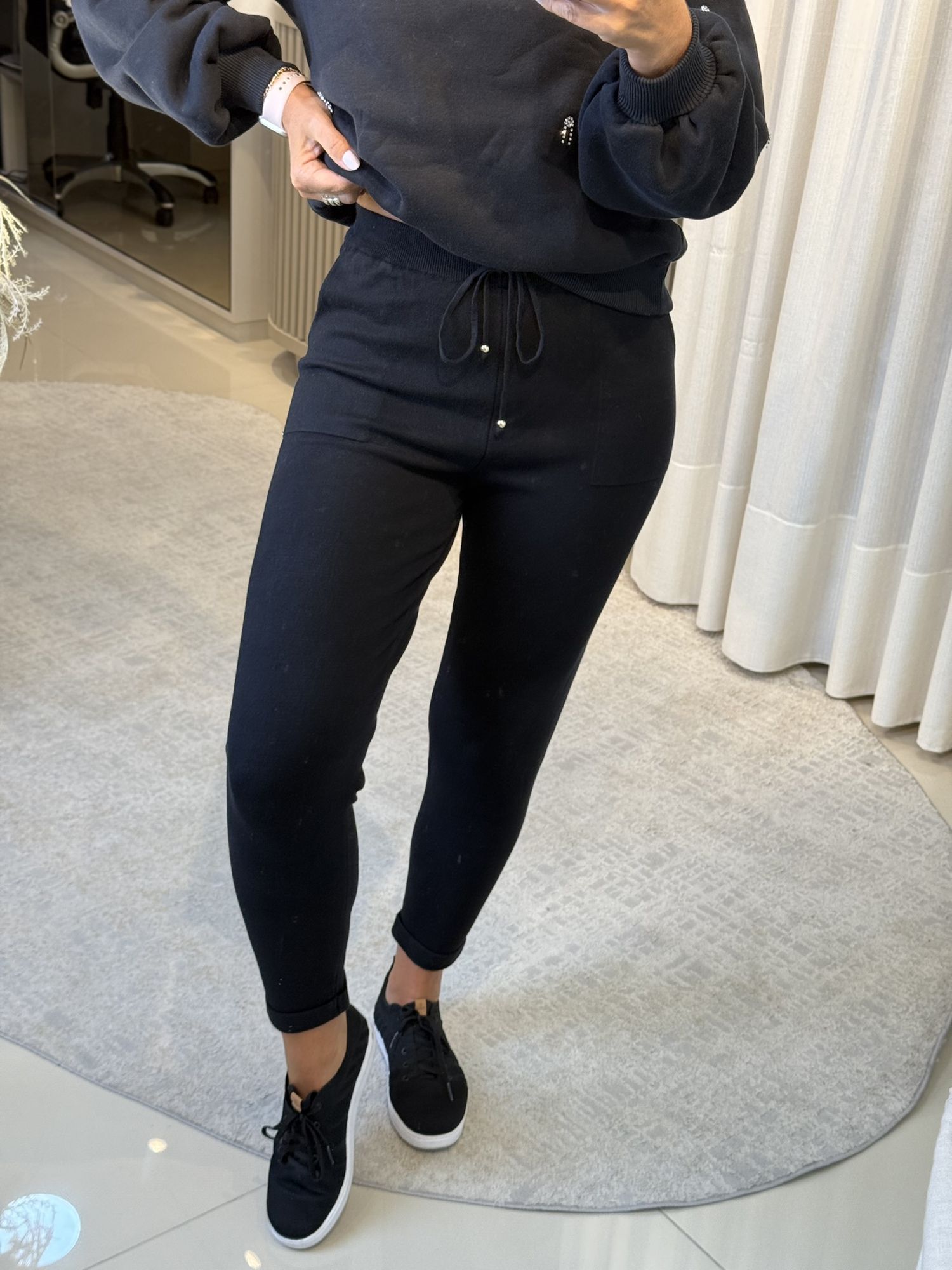 Calça De Tricô Com Barra Italiana Preto