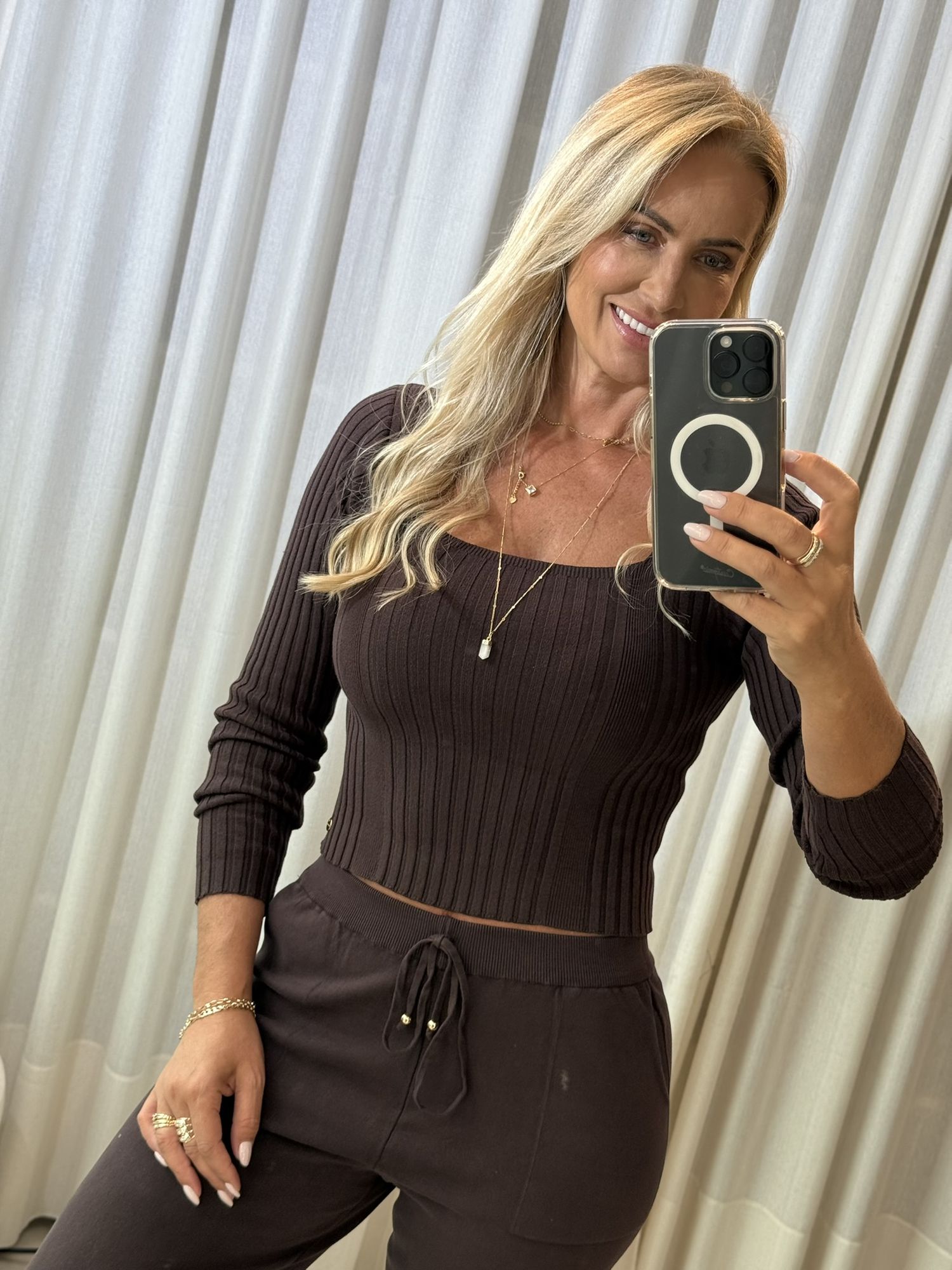 Blusa Canelada Com Decote Quadrado Marrom