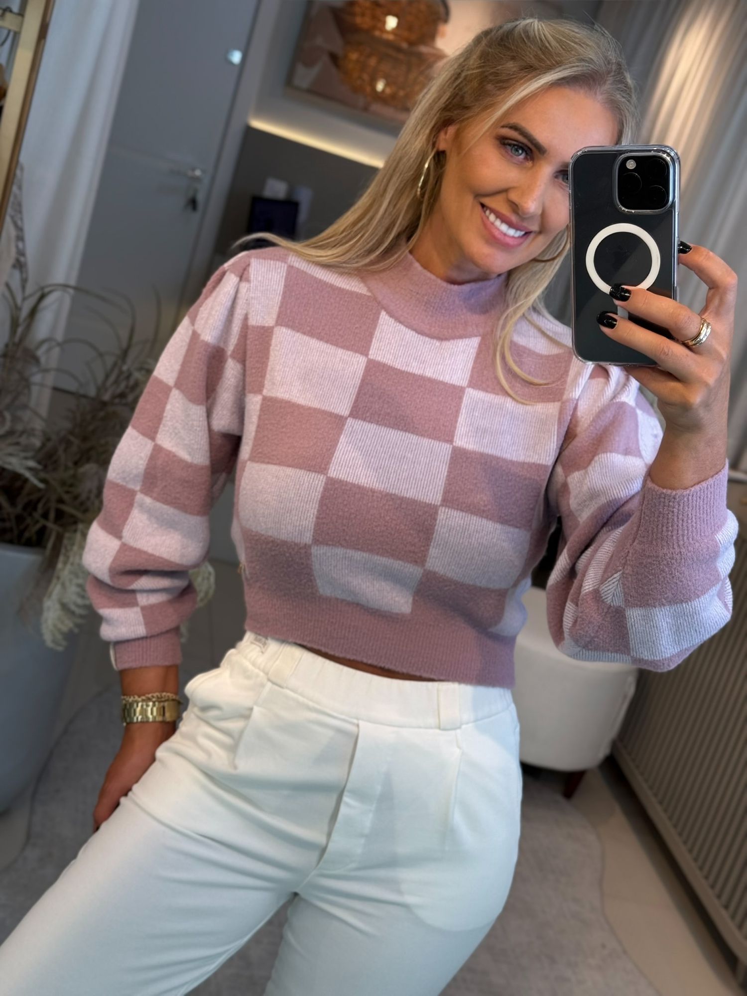 Blusa Biamar Quadriculada Em fio Pluma Roxo