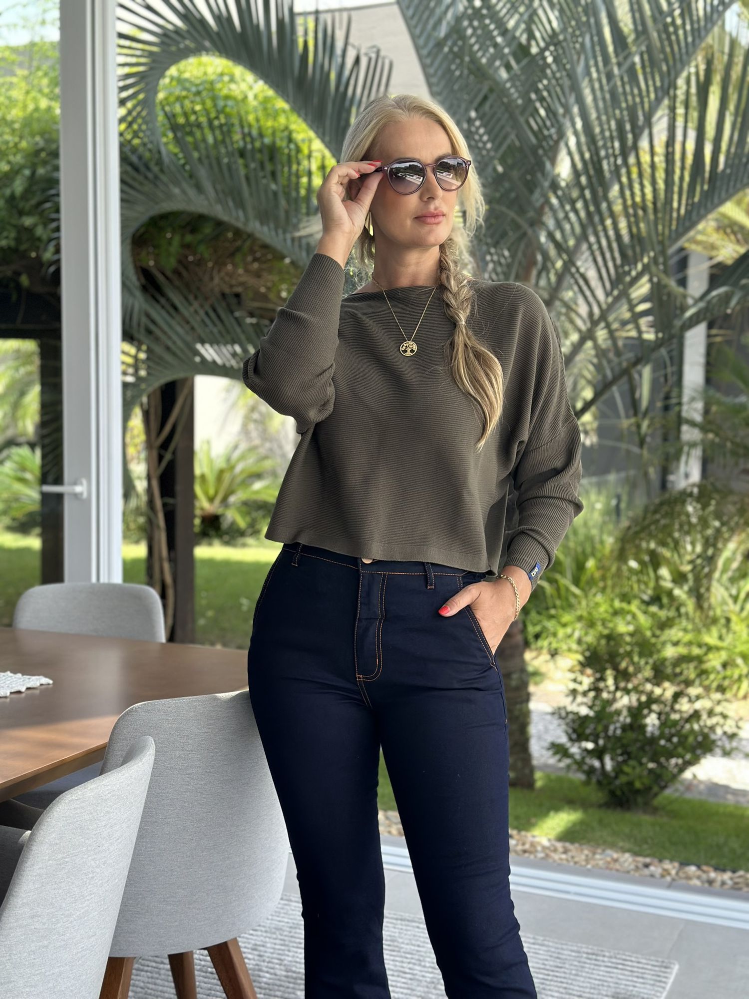 Blusa Biamar Canelada Decote Canoa Verde