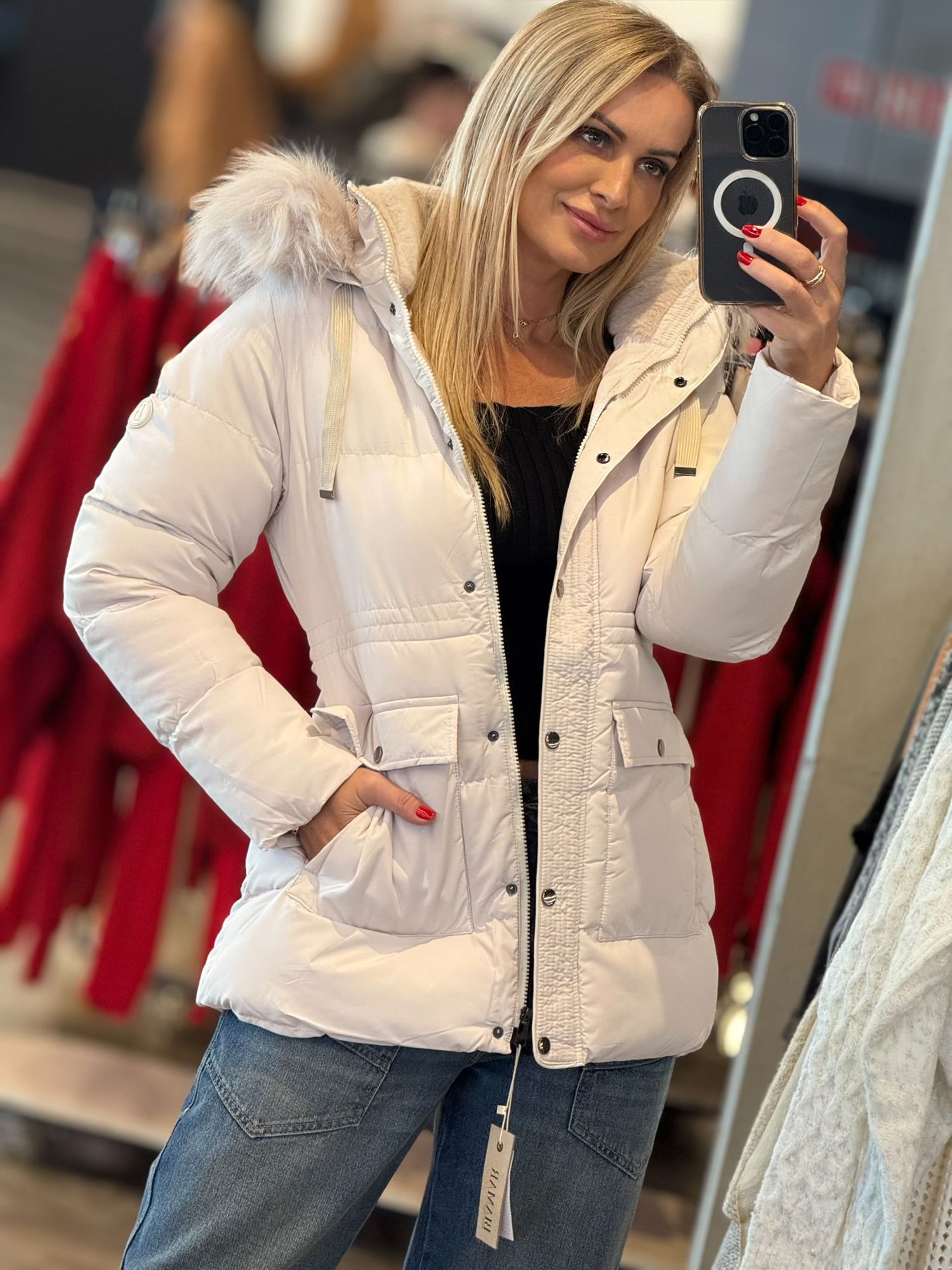 Jaqueta Biamar Alongada Com Capuz Pele Fake Off White 0406