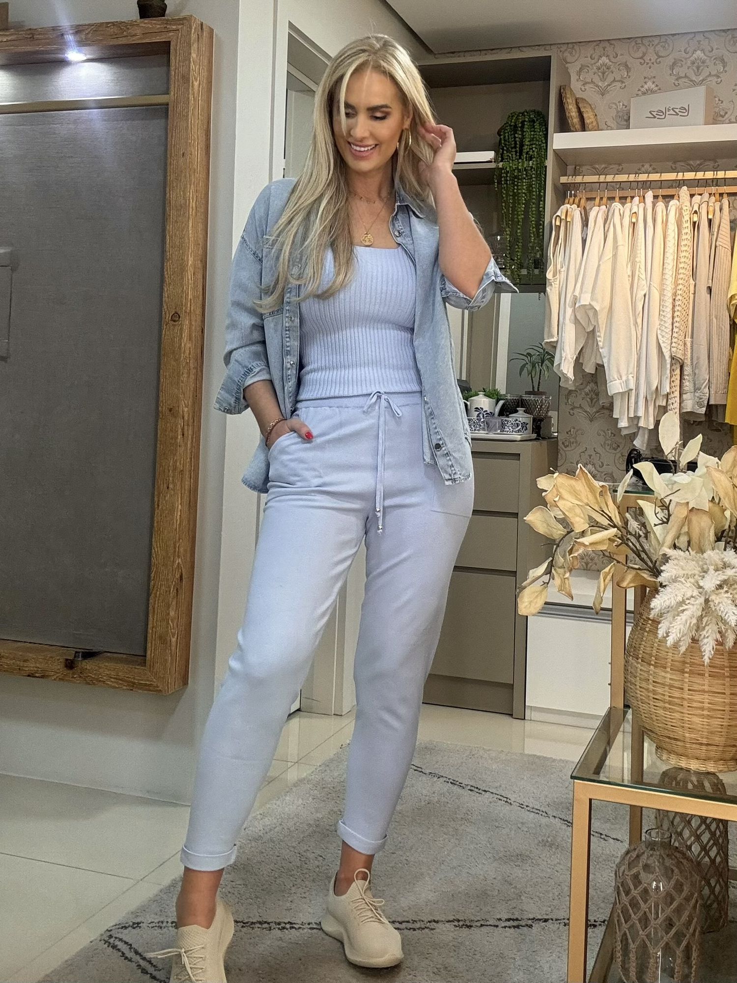 Calça De Tricô Com Barra Italiana Azul 