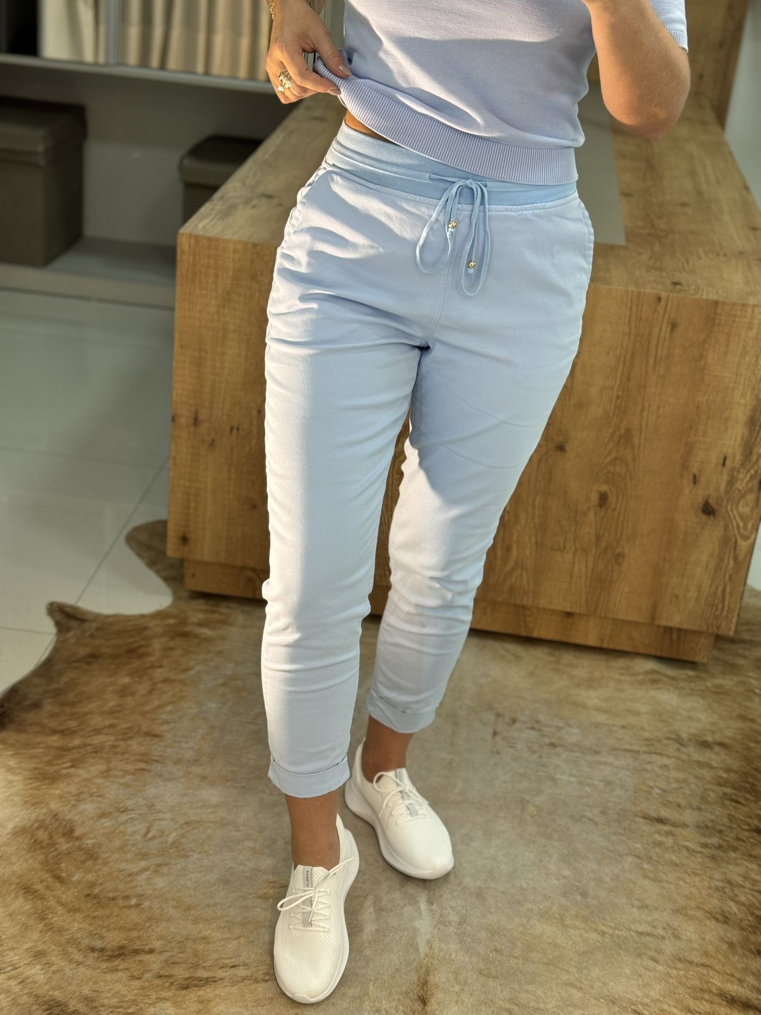 Calça De Sarja Com Cordão Azul Céu 